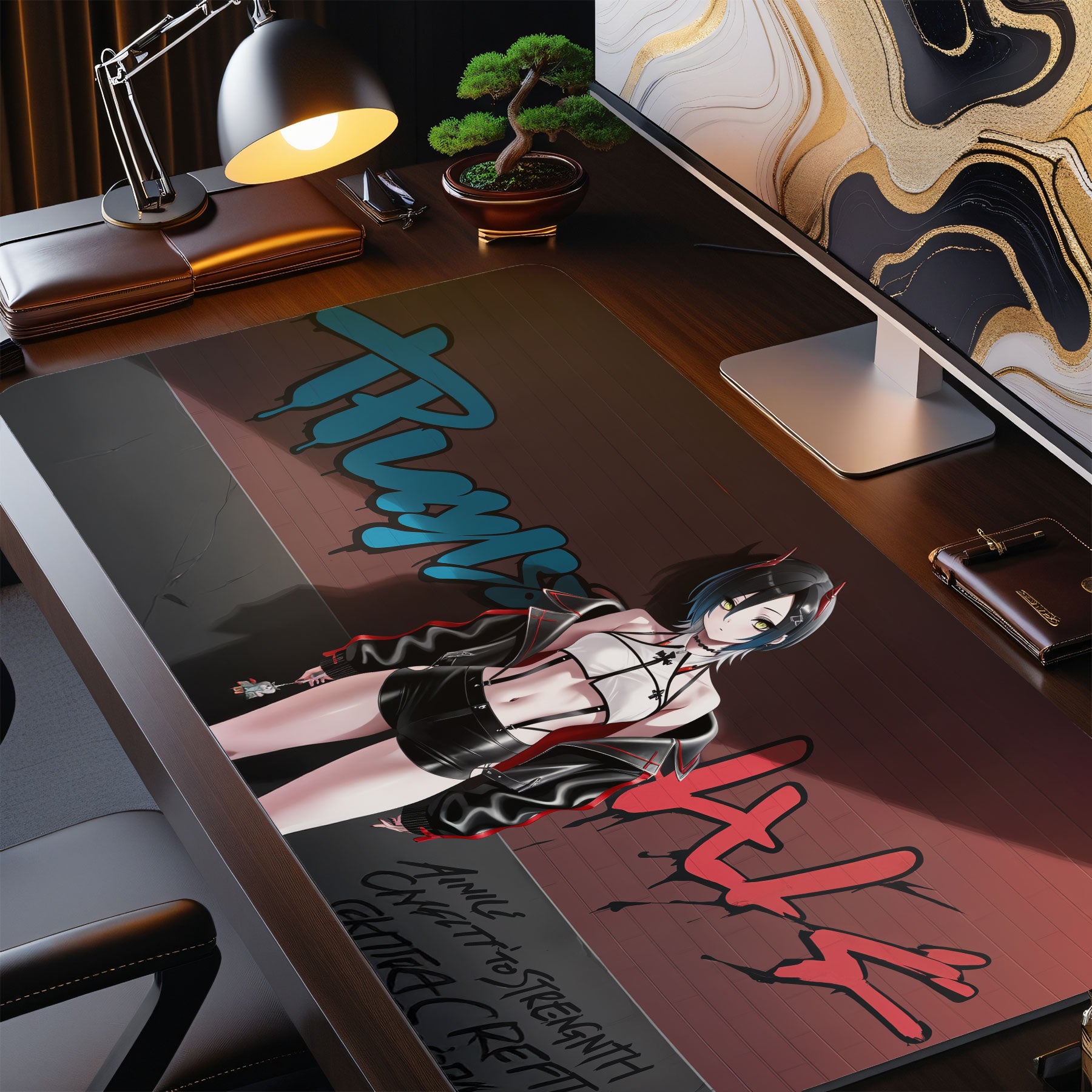 Desk setup with a large mouse pad featuring an anime-style character.