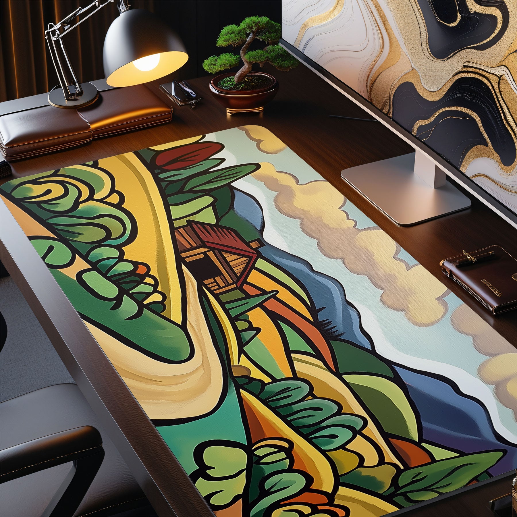 Colorful desk mat with nature design on a desk setup