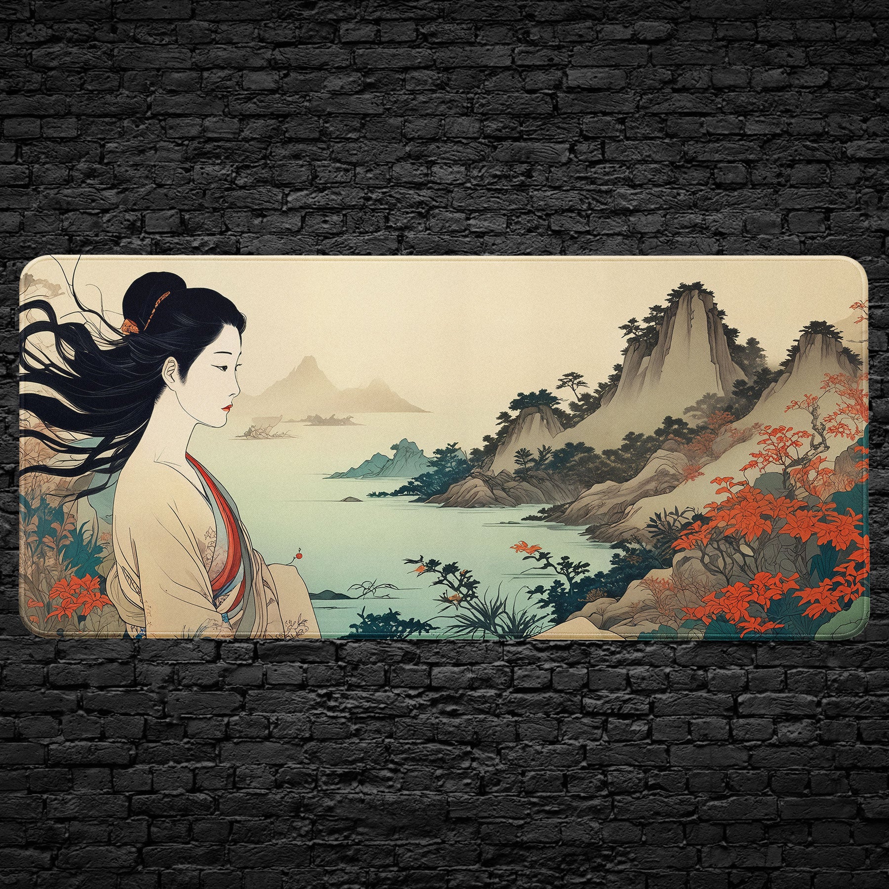 Japanese Geisha desk mat with mountain and river artwork