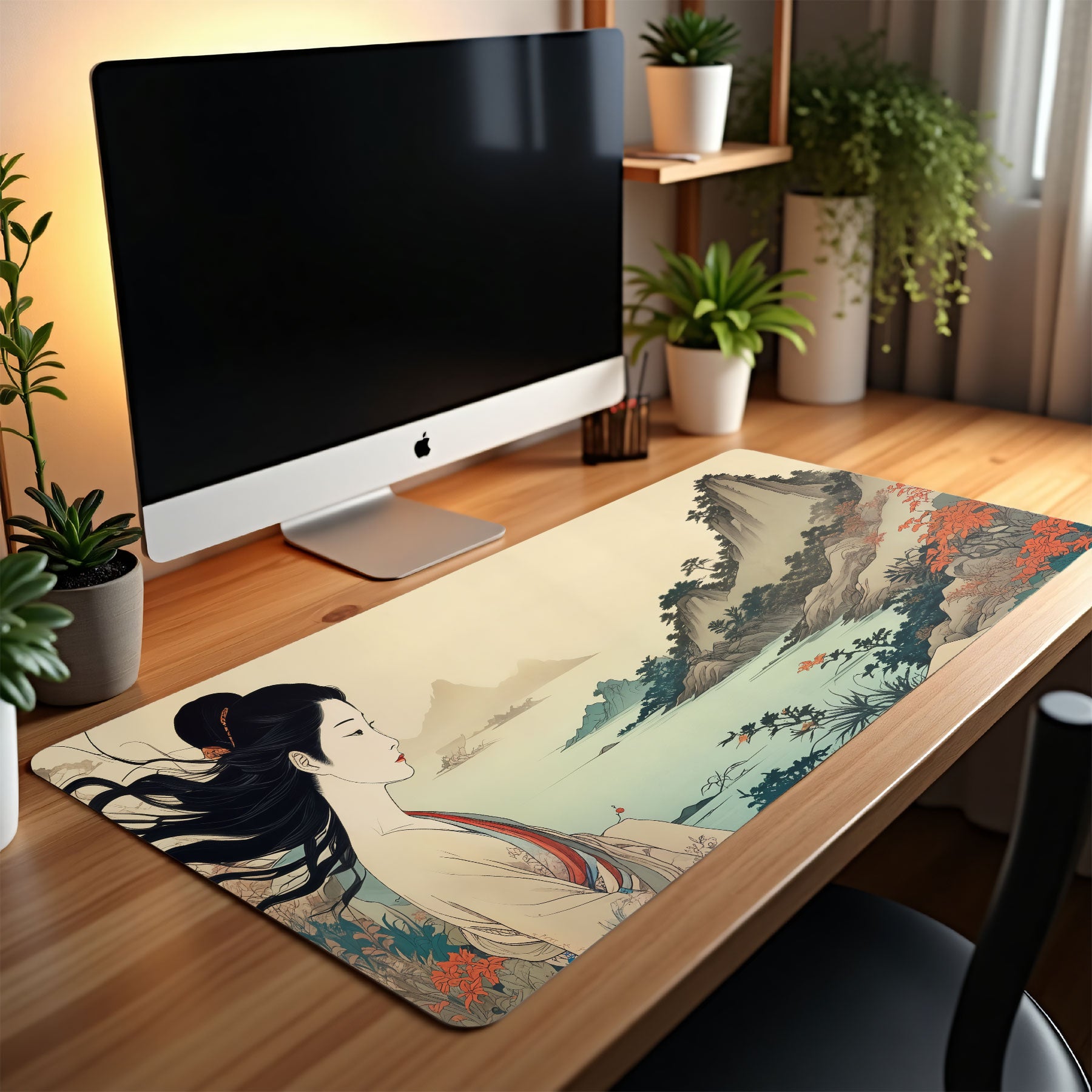 Desk setup with a computer monitor and a decorative mouse pad featuring an Asian woman design.