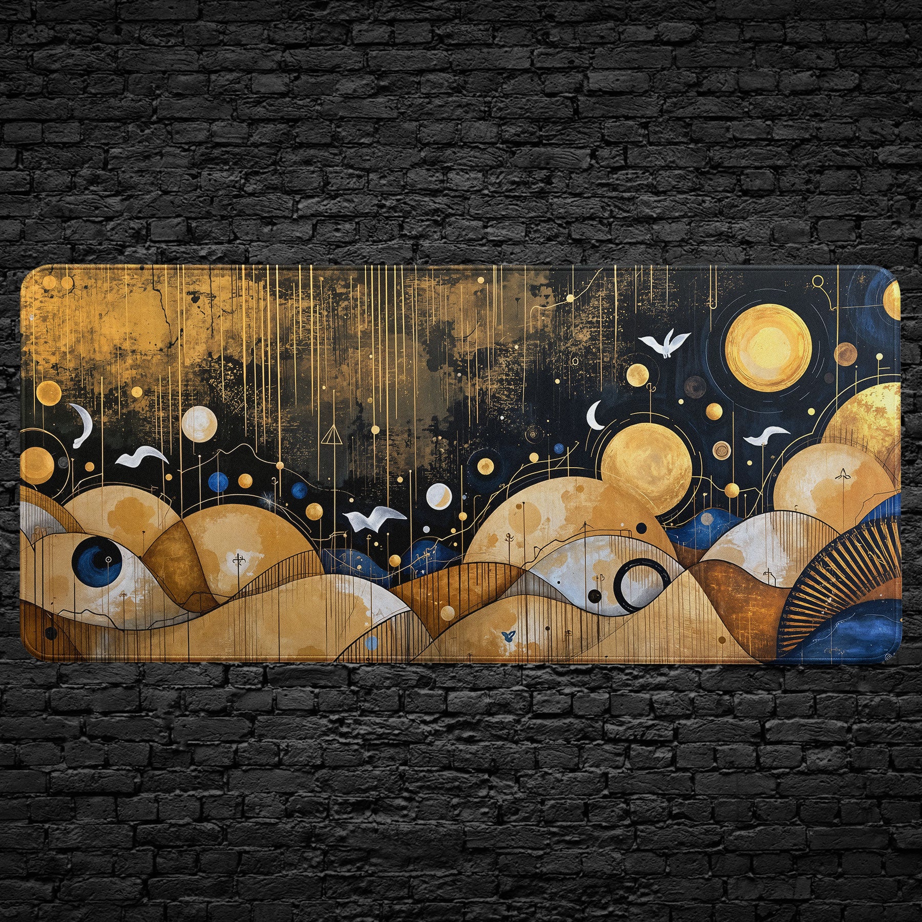 Abstract celestial desk mat with gold sun and moon artwork
