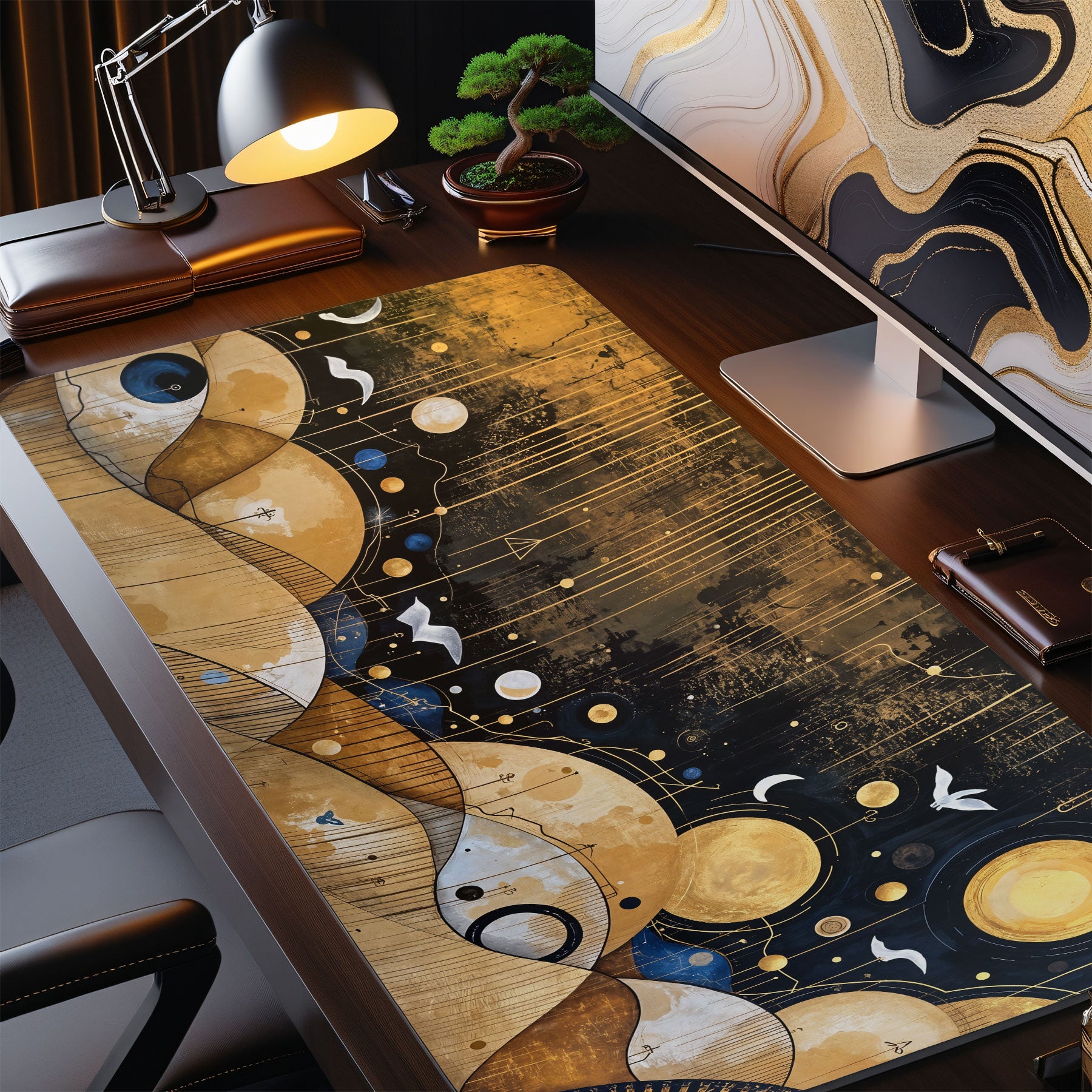 Decorative desk mat with celestial design on a desk setup.