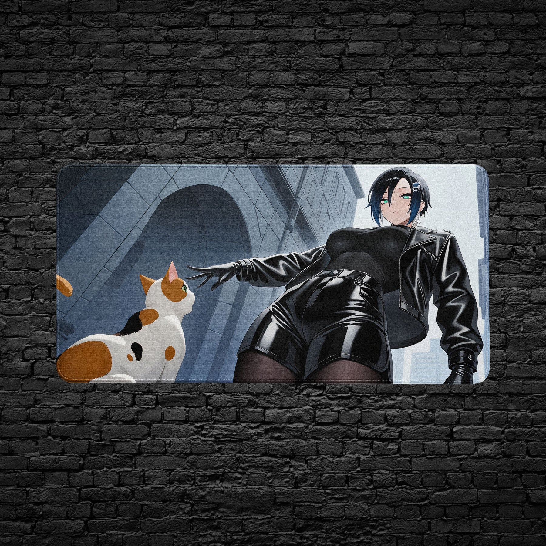 Extended mouse pad featuring anime girl and cat artwork