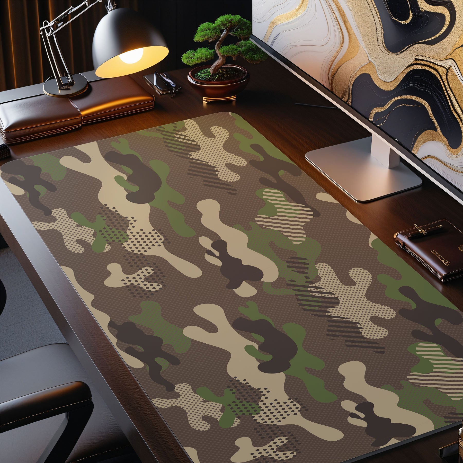 Camouflage-patterned desk mat on a desk with office items.