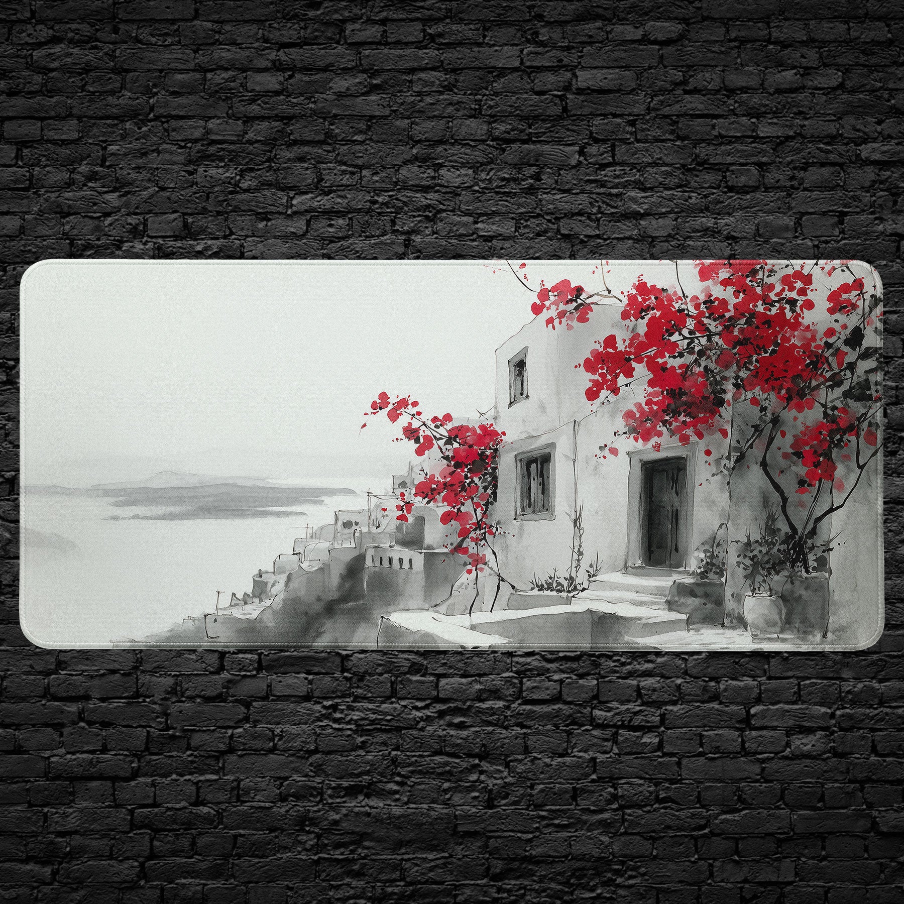Santorini village desk mat with red bougainvillea
