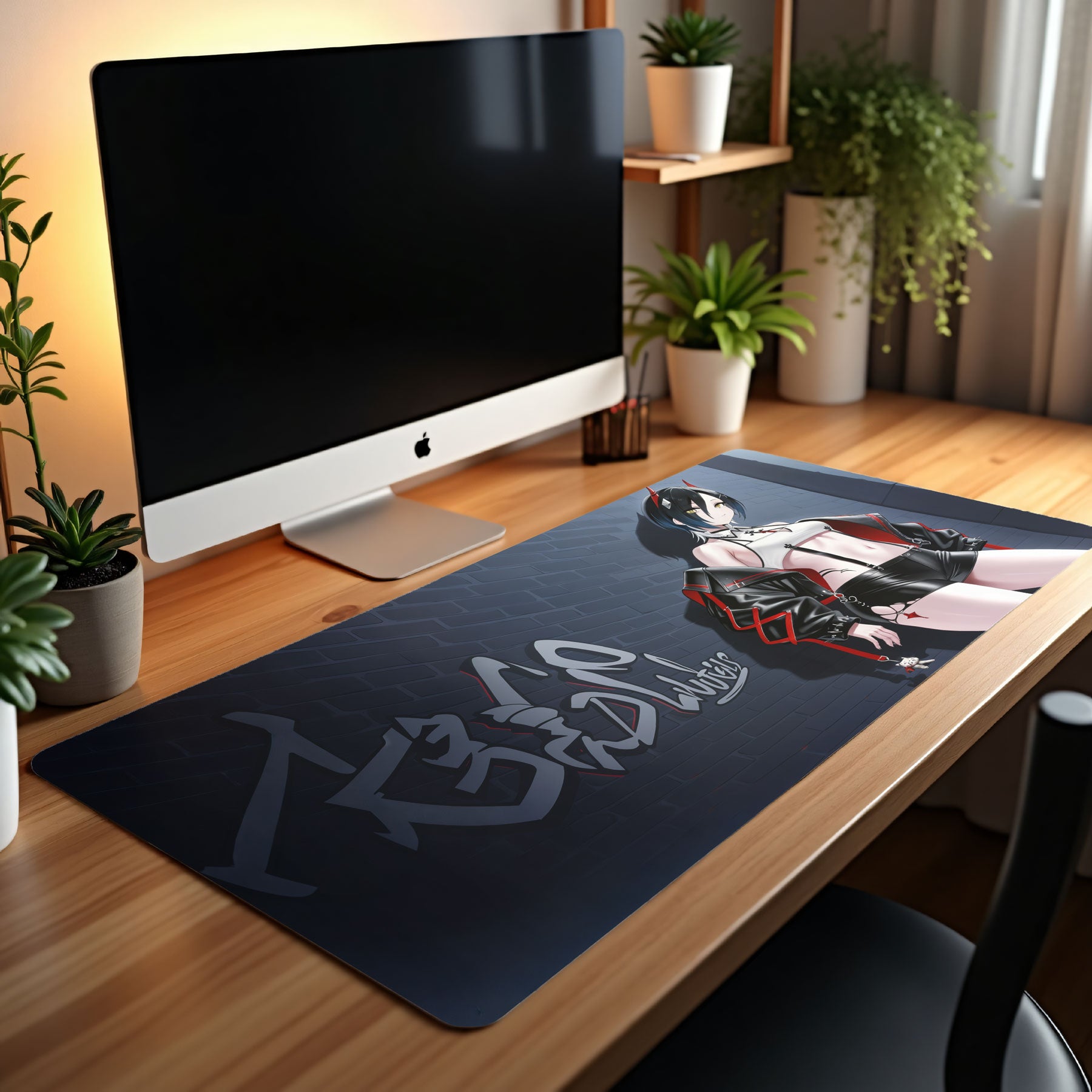 Desk setup with a computer monitor, mouse pad, and decorative elements.