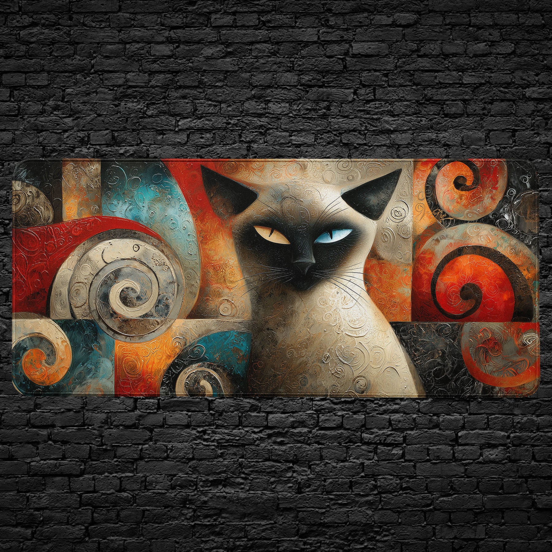 Abstract Siamese Cat Desk Mat – Colorful Swirl Pattern Art Mouse Pad
