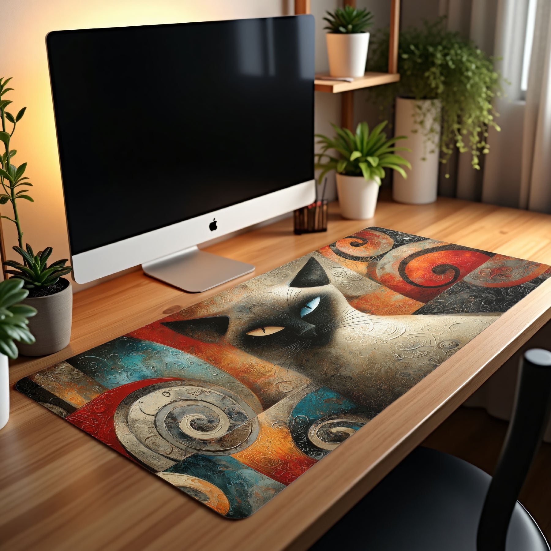Abstract Siamese Cat Desk Mat – Colorful Swirl Pattern Art Mouse Pad