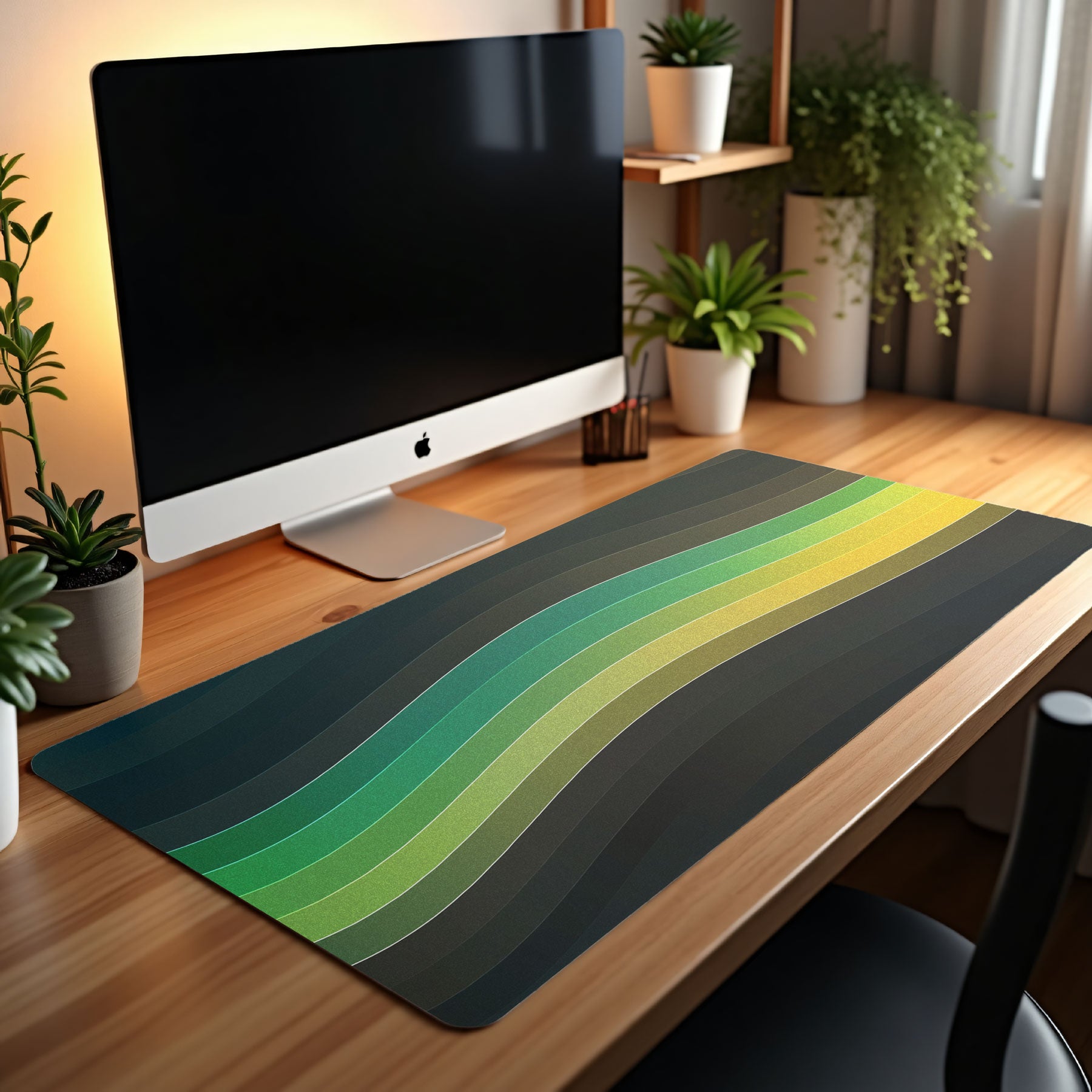 Modern extended mouse pad featuring smooth wave gradient pattern