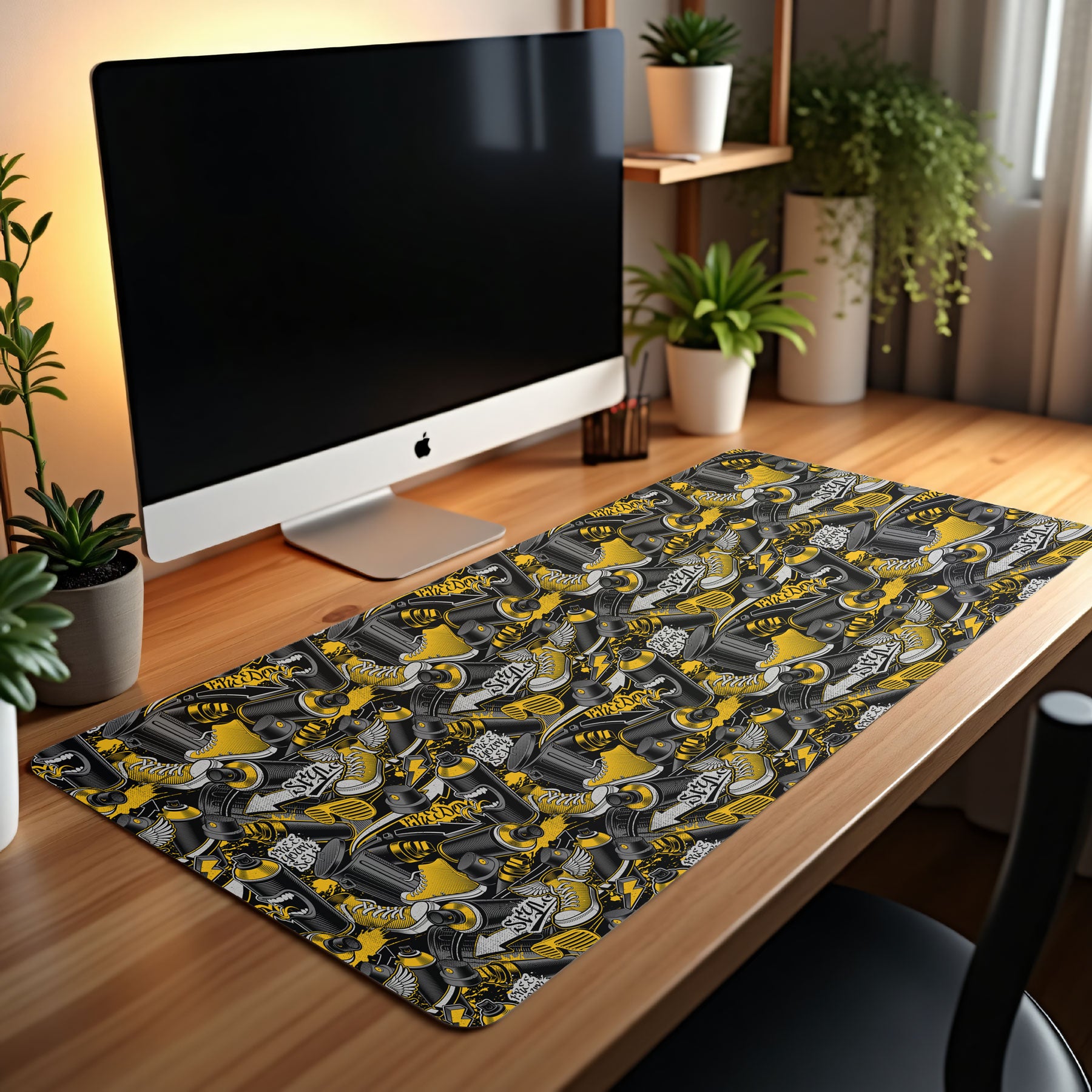 Desk setup with a computer monitor and decorative mouse pad featuring motorcycle designs.