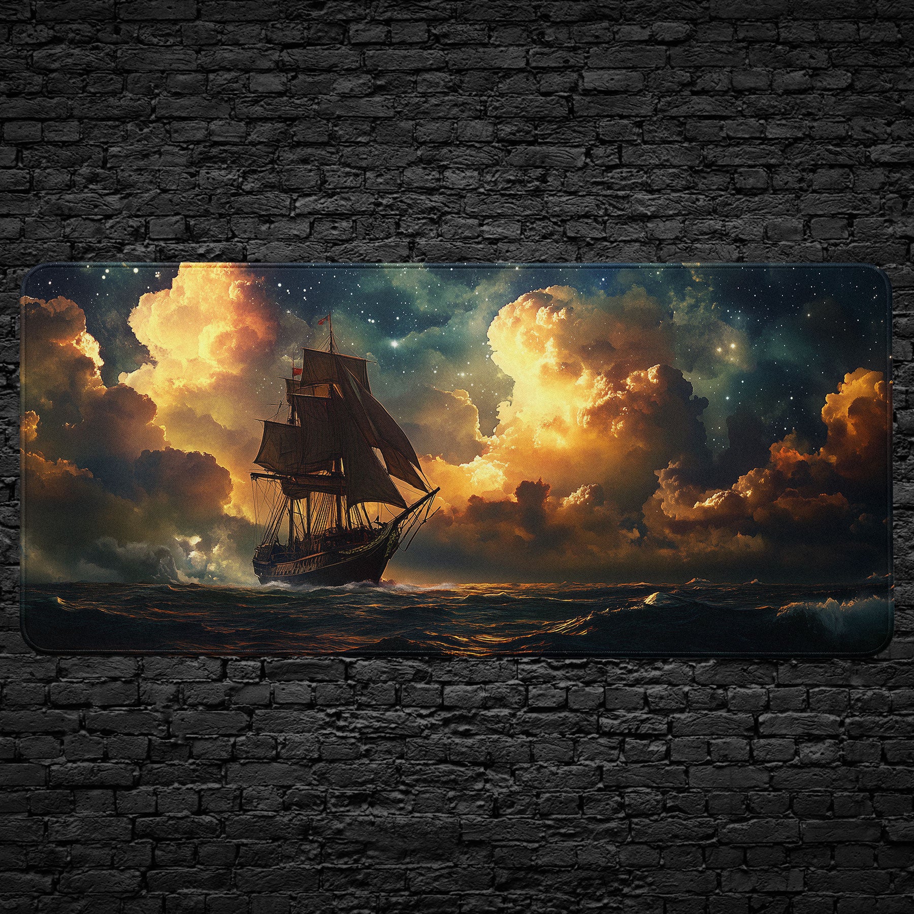 Sailing ship desk pad with dramatic ocean clouds and starry night
