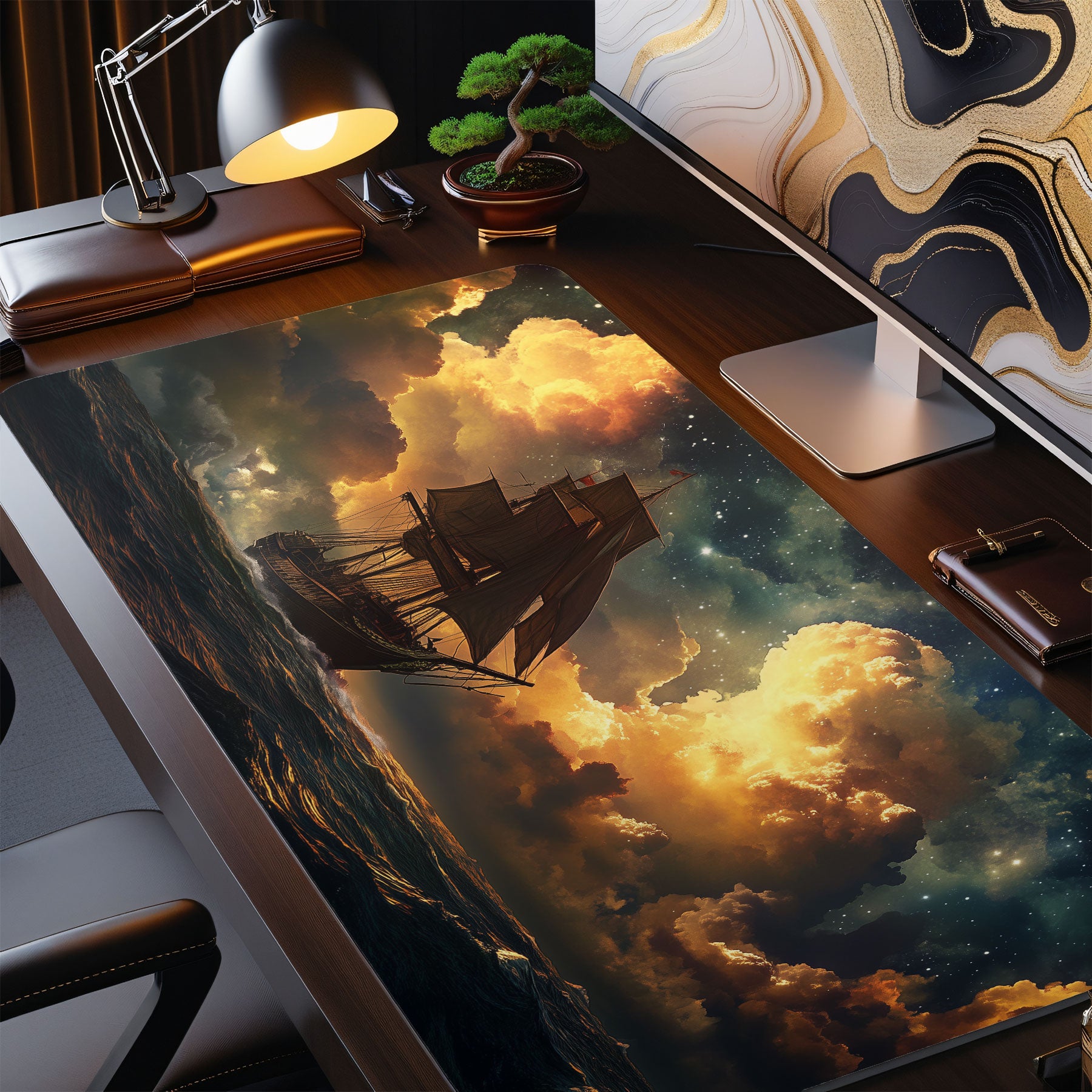 Nautical themed extended mouse pad featuring tall ship at sea