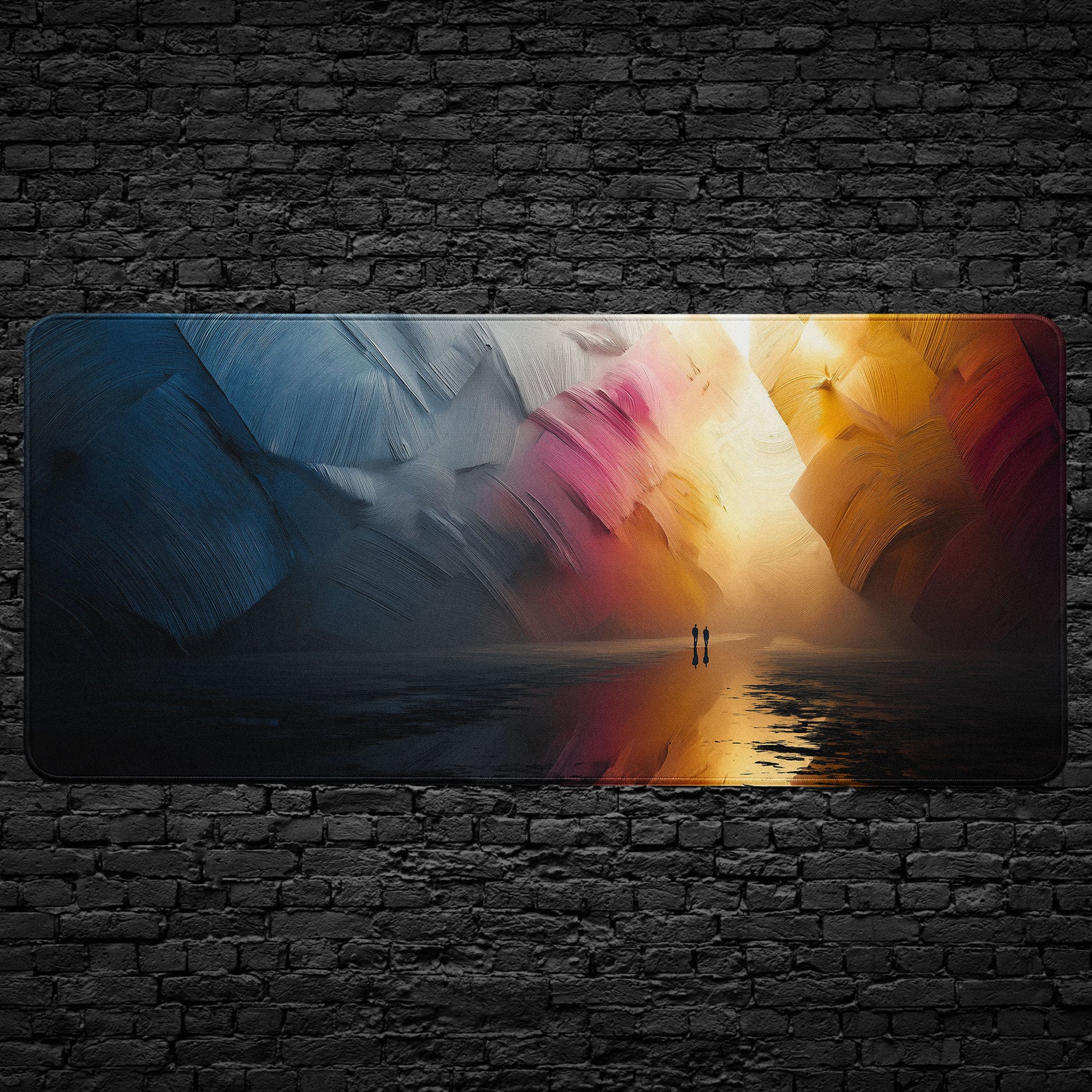 Abstract canyon horizon desk mat with vibrant colors and textured design for office and gaming setups