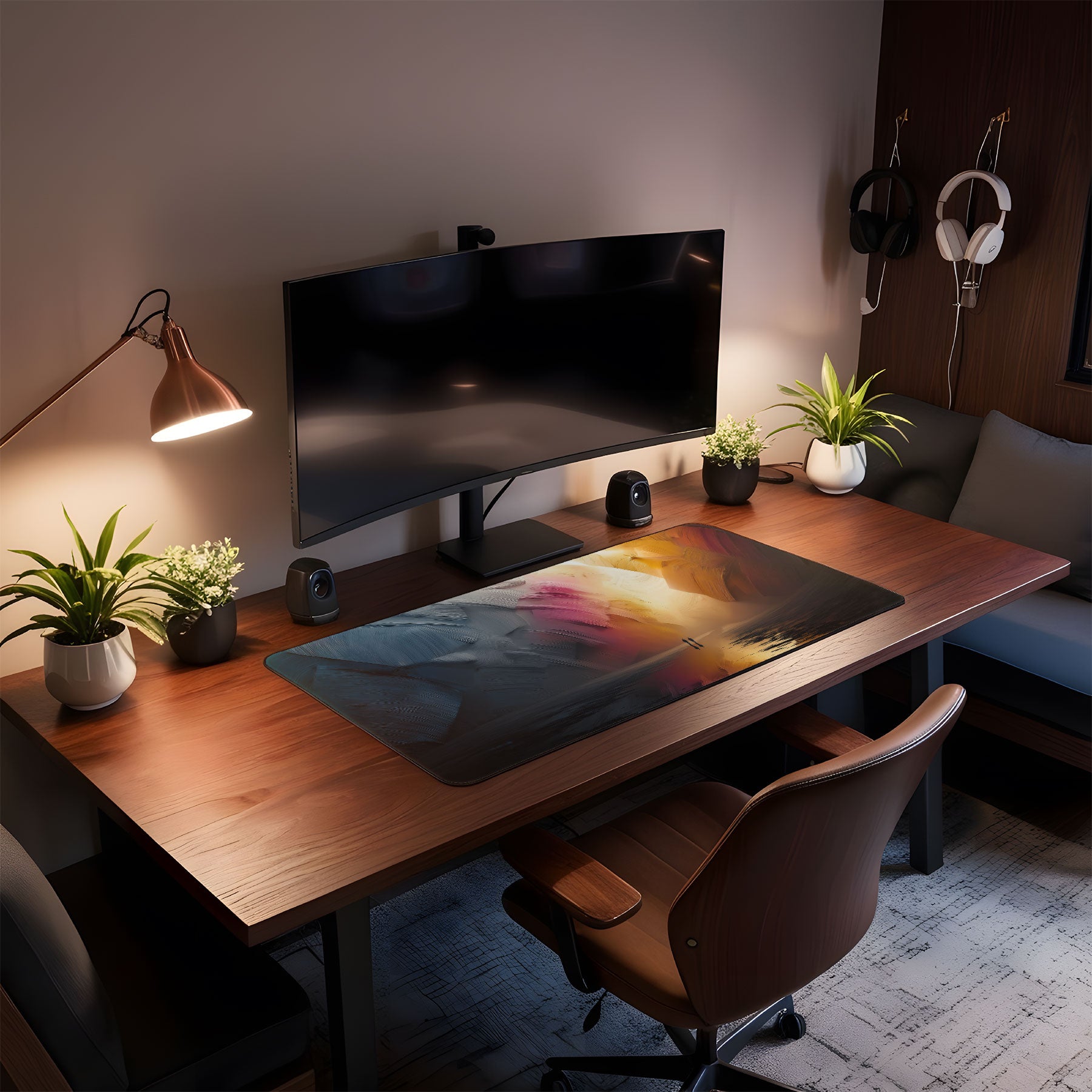 Modern home office setup with a large desk, computer monitor, and decorative elements.
