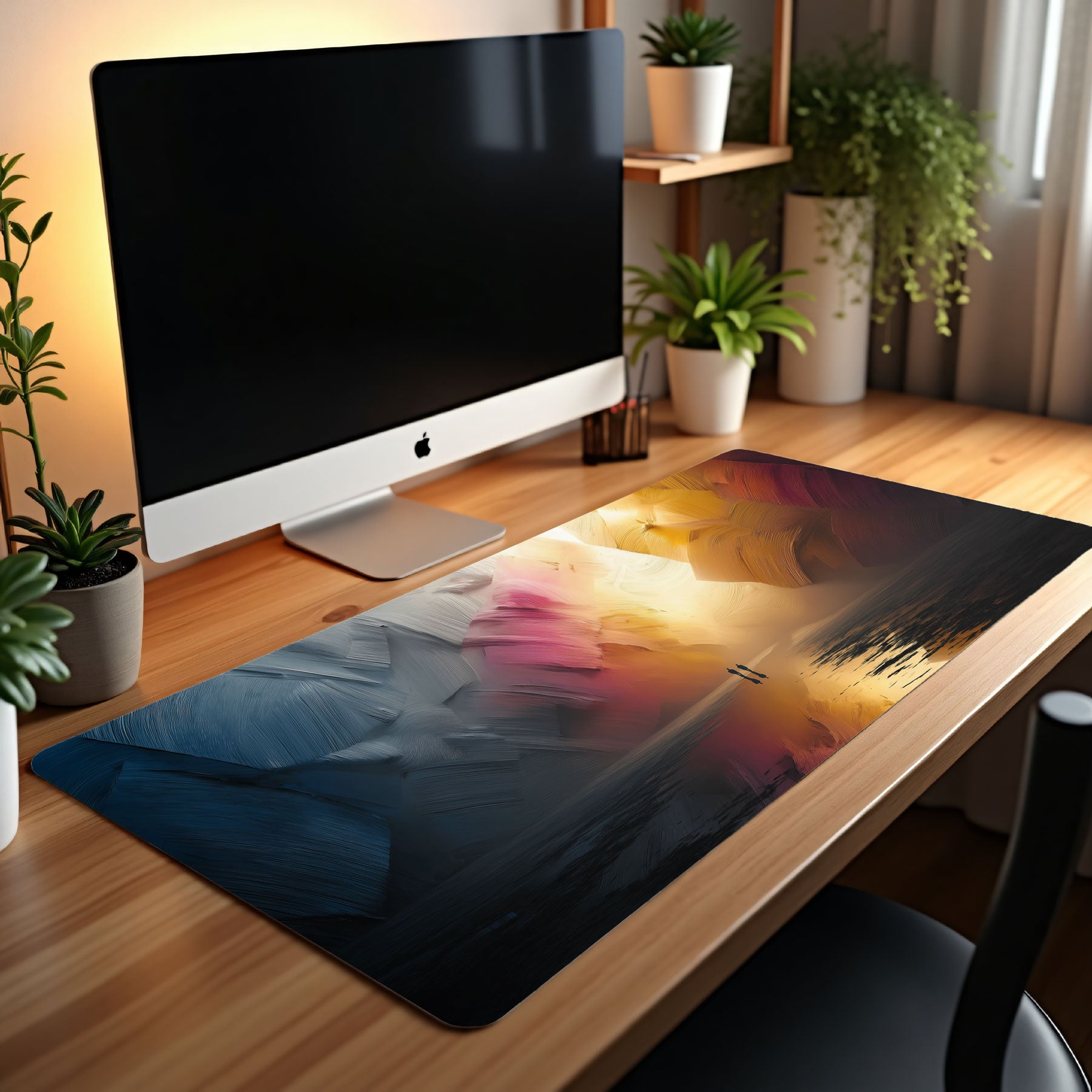 Wooden desk with computer monitor, mouse, and large mouse pad in a home office setting.
