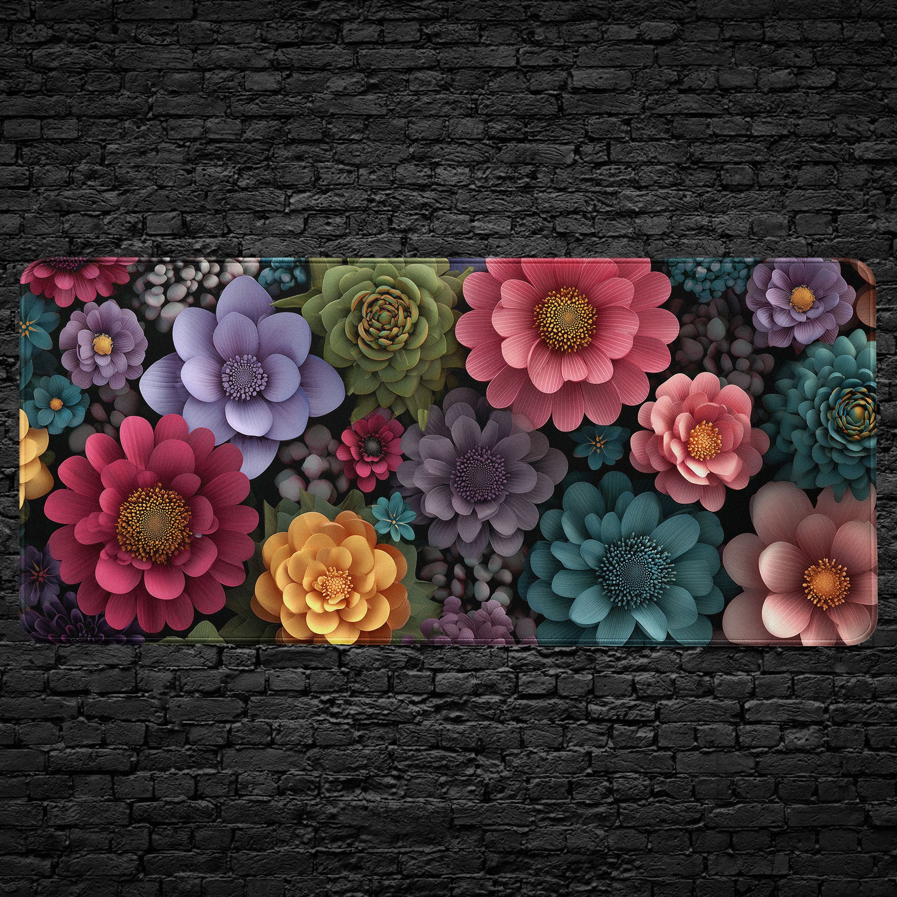 Blooming floral desk mat with 3D colorful flowers in vibrant design
