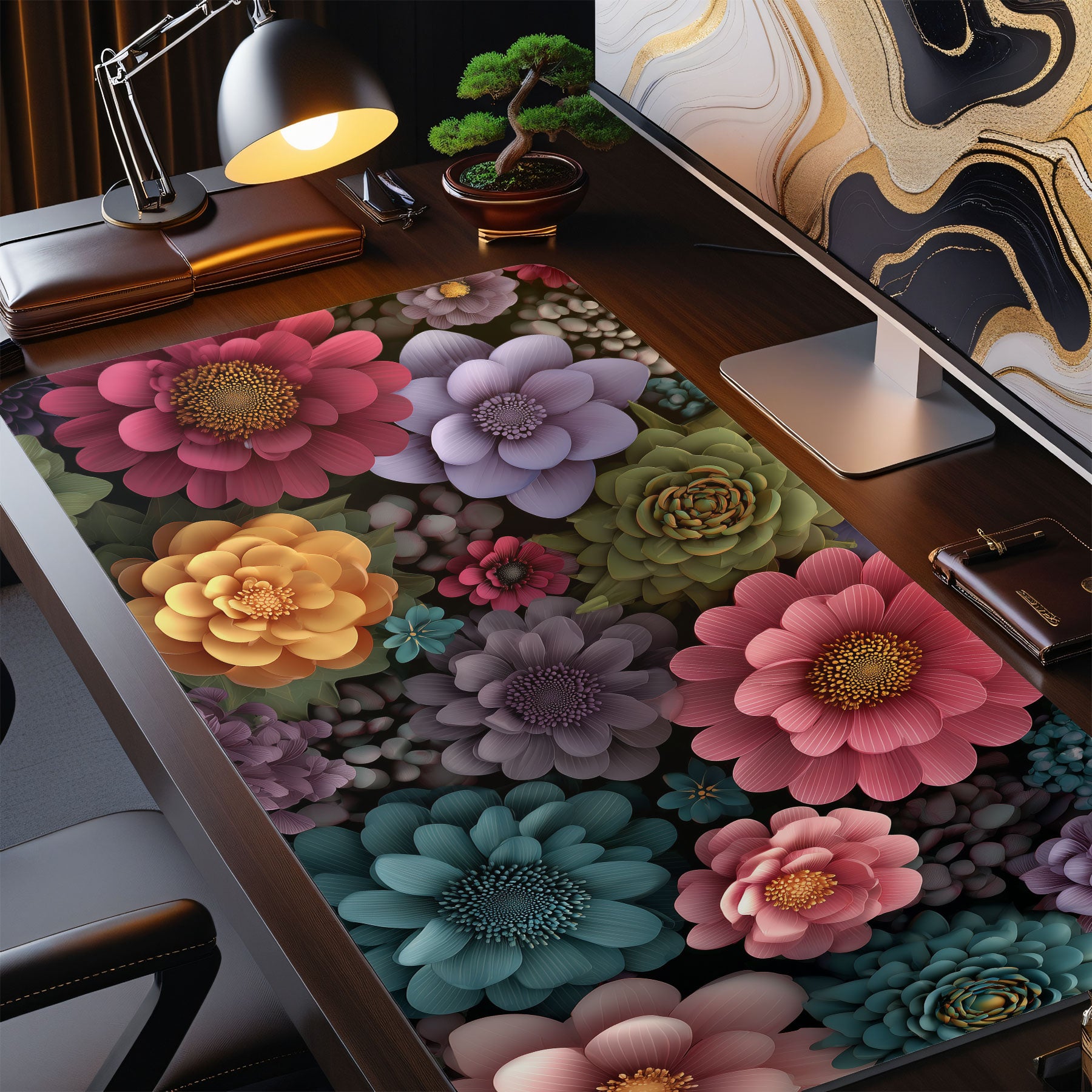 Colorful floral rug on a desk with office items