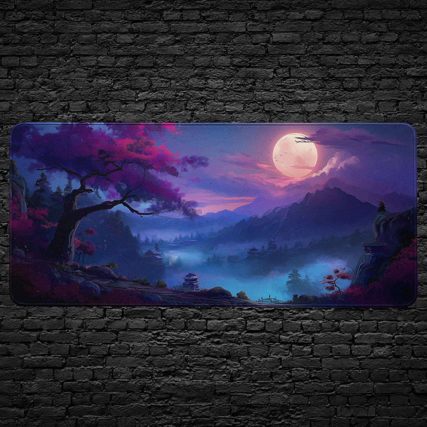 Moonlit Sakura Valley Japanese landscape desk mat with cherry blossoms and mountains.