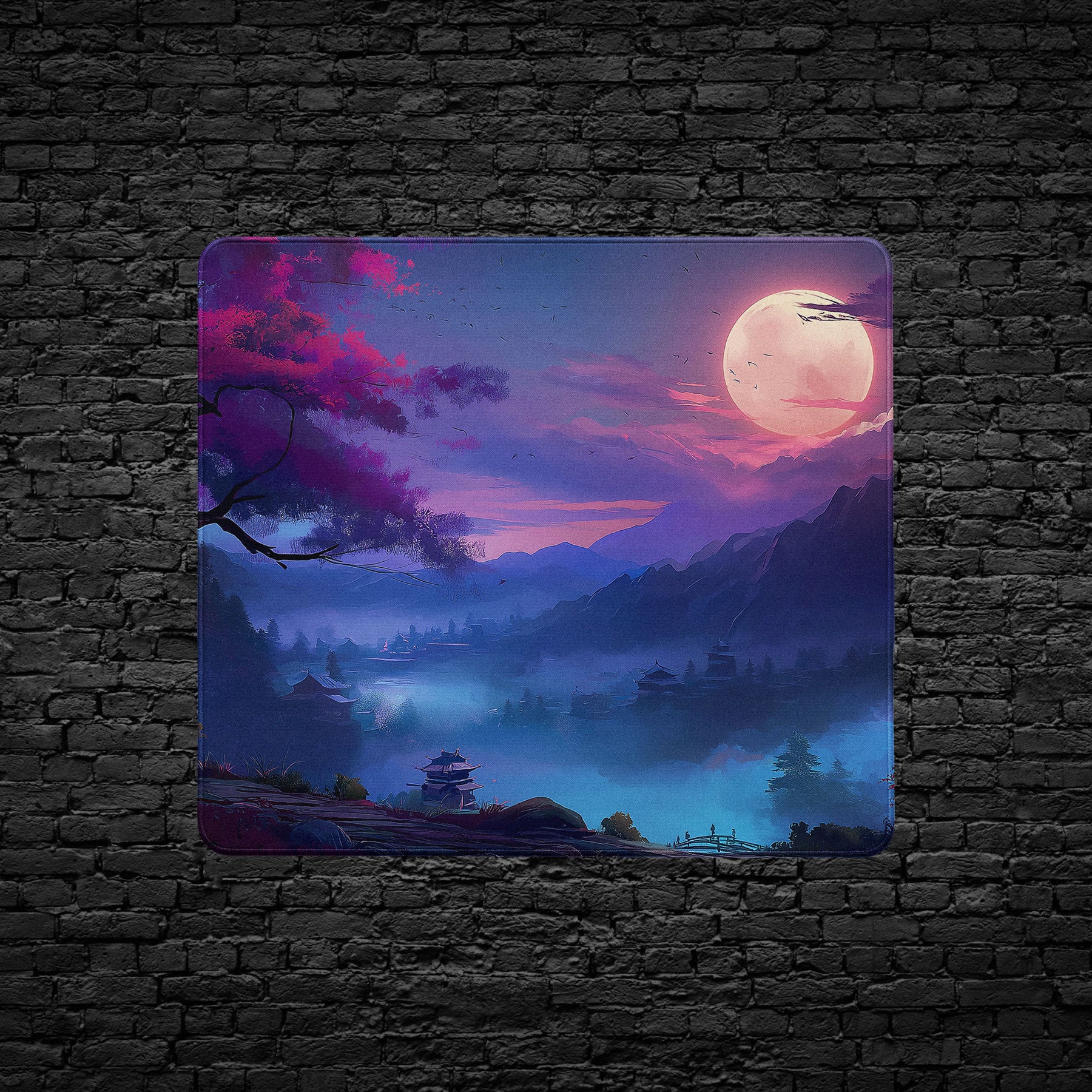 Moonlit Sakura Valley Extended Desk Mat – Japanese Landscape Art