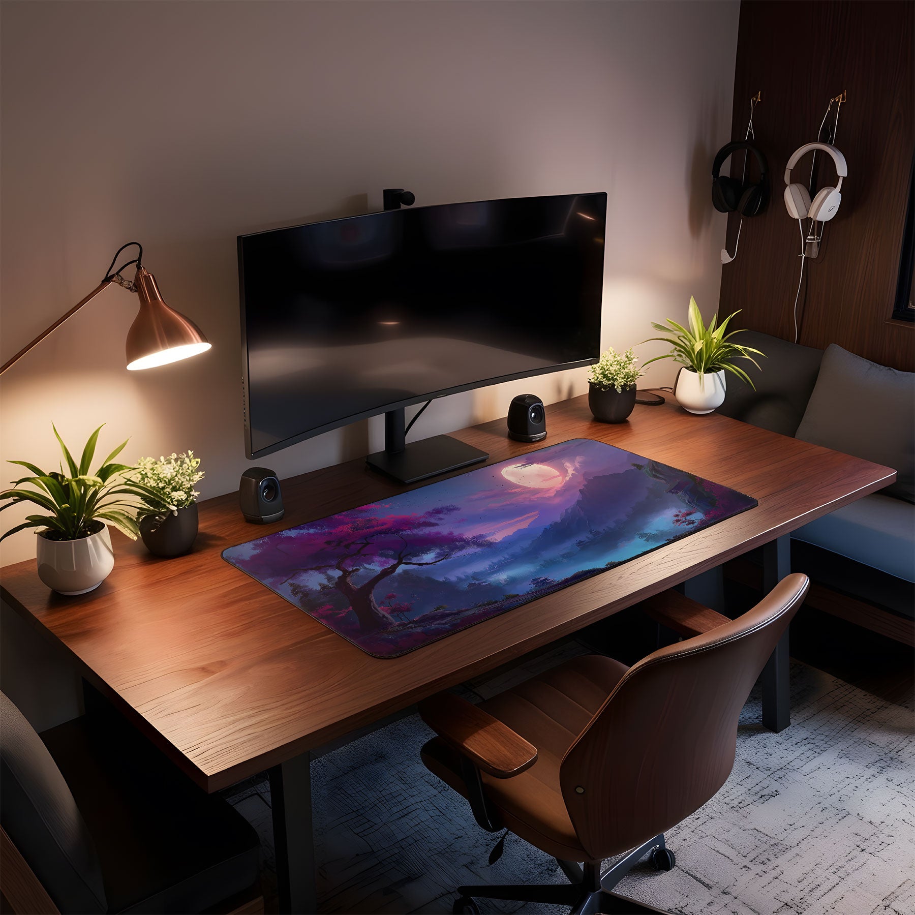 Modern home office setup with a desk, monitor, and decorative elements.