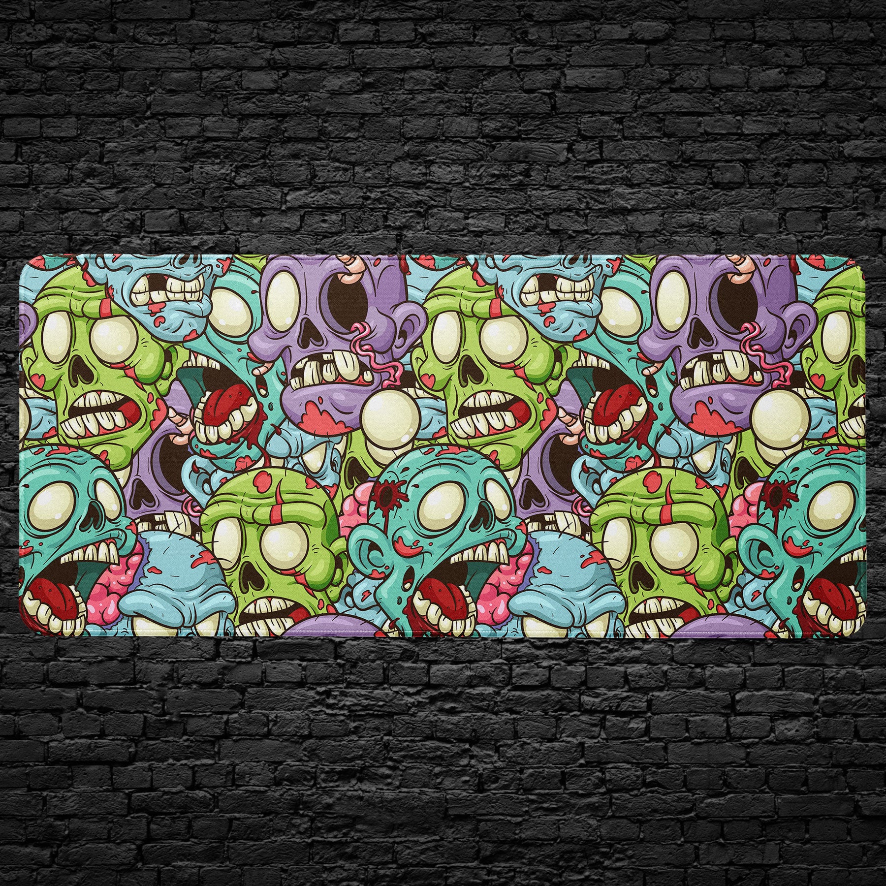 Zombie skull cartoon desk mat with horror-inspired design.