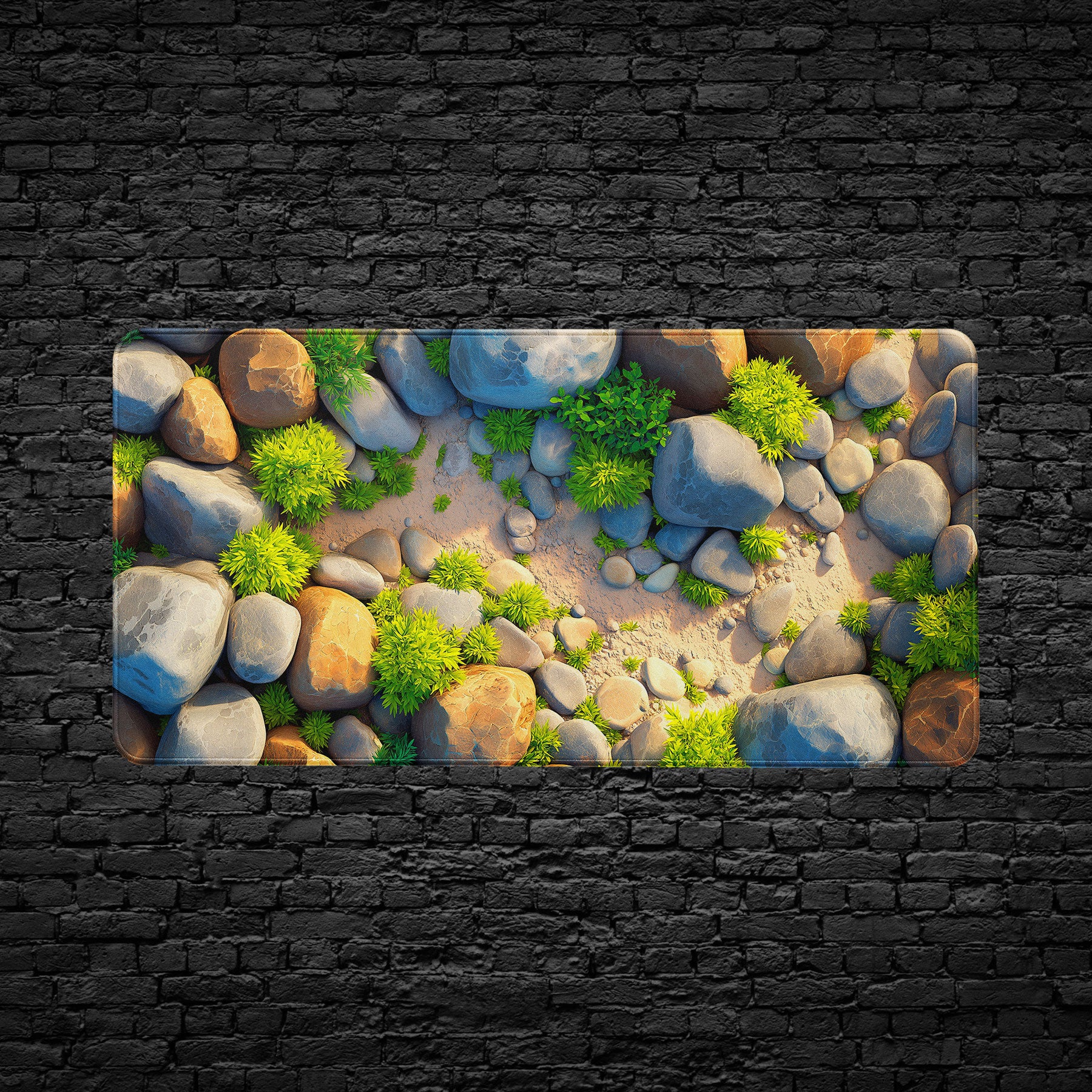 3D cartoon desk mat with large stones and greenery design.