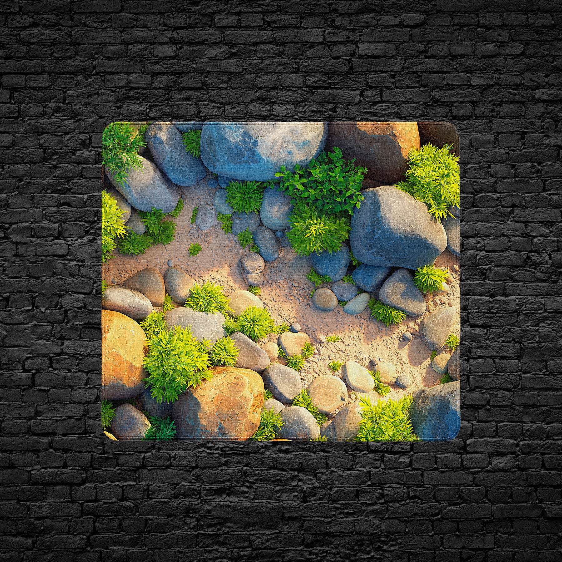Rocky nature extended desk mat with earthy tones and plants.