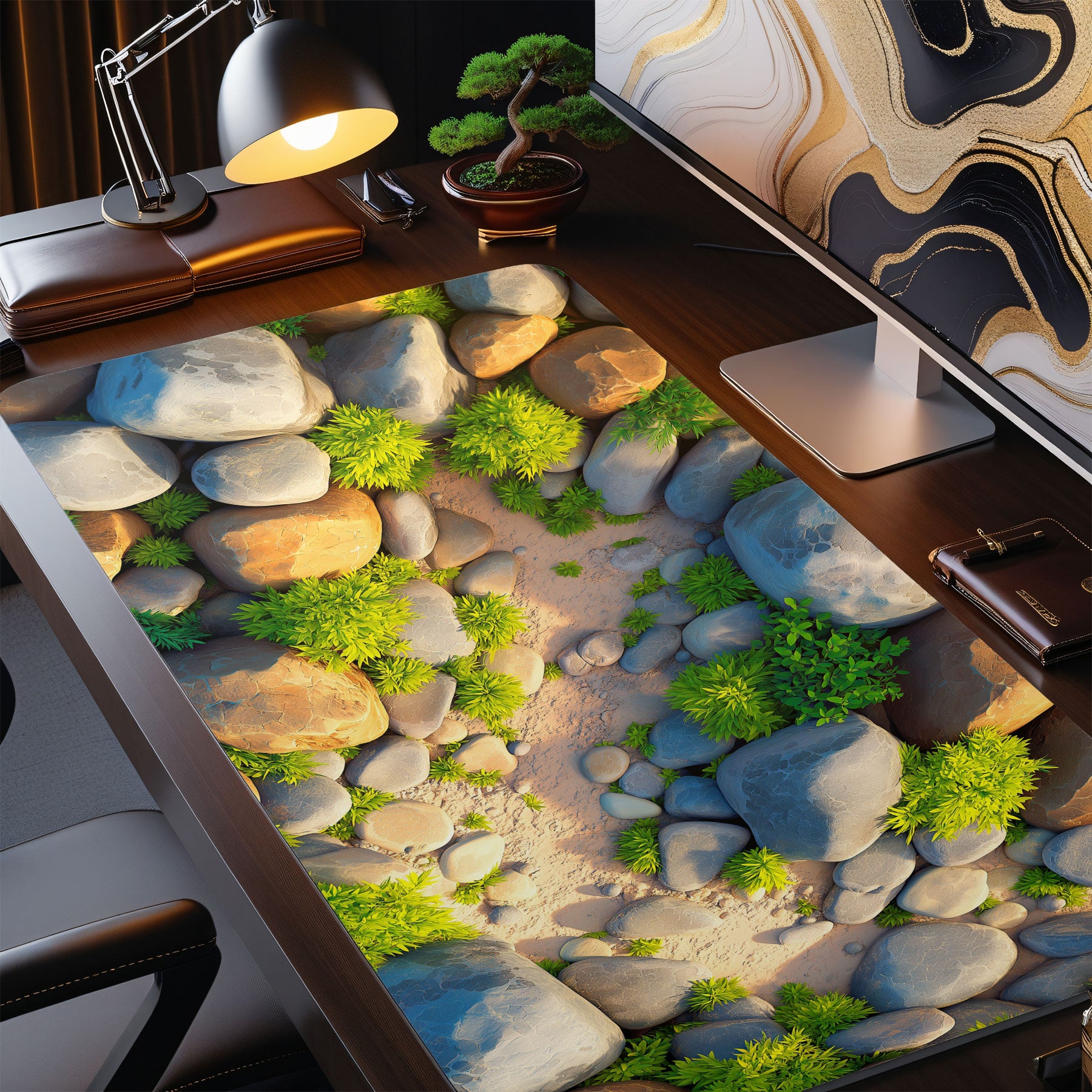 Decorative office floor with a natural stone and grass design, featuring a desk and computer setup.