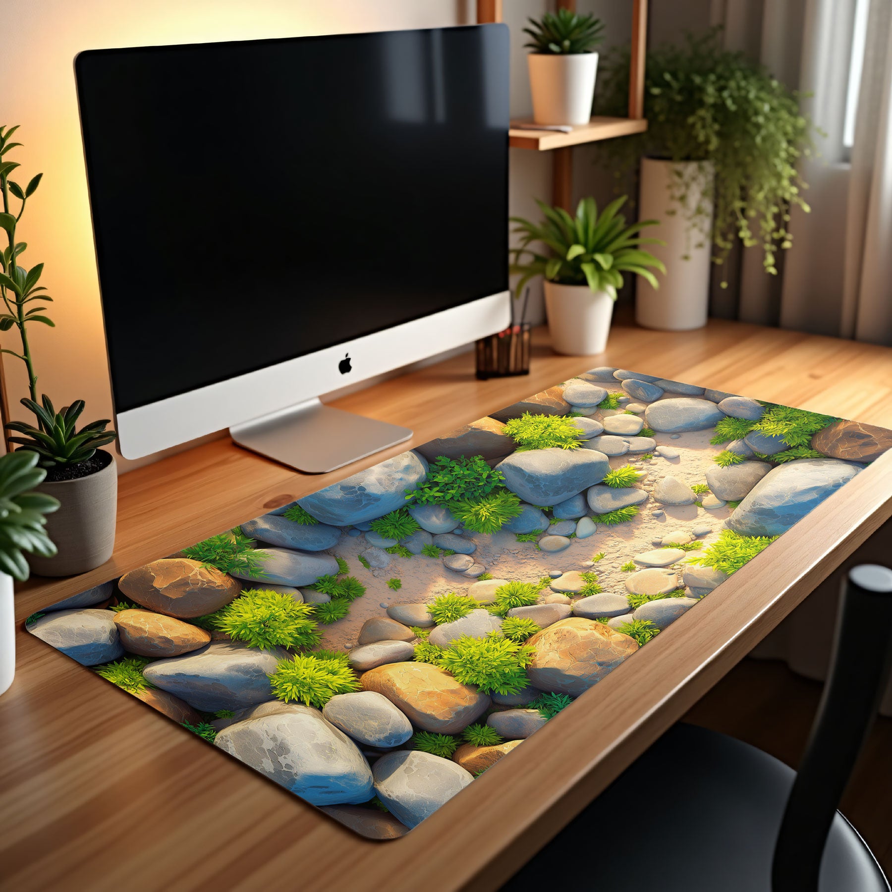 Desk setup with a computer monitor on a decorative desk mat featuring a natural landscape design.
