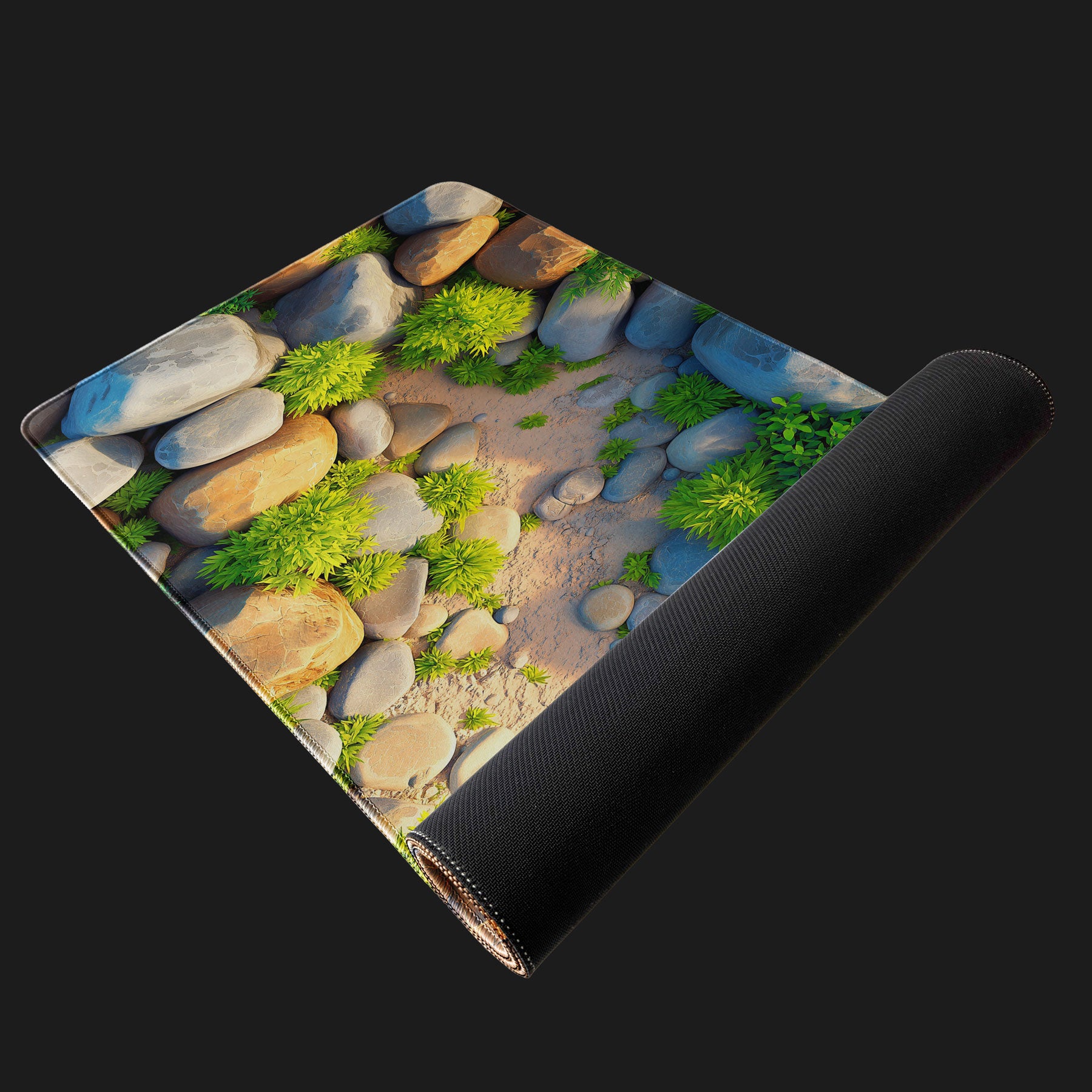 Nature-inspired gaming desk pad with stone and plant illustration.