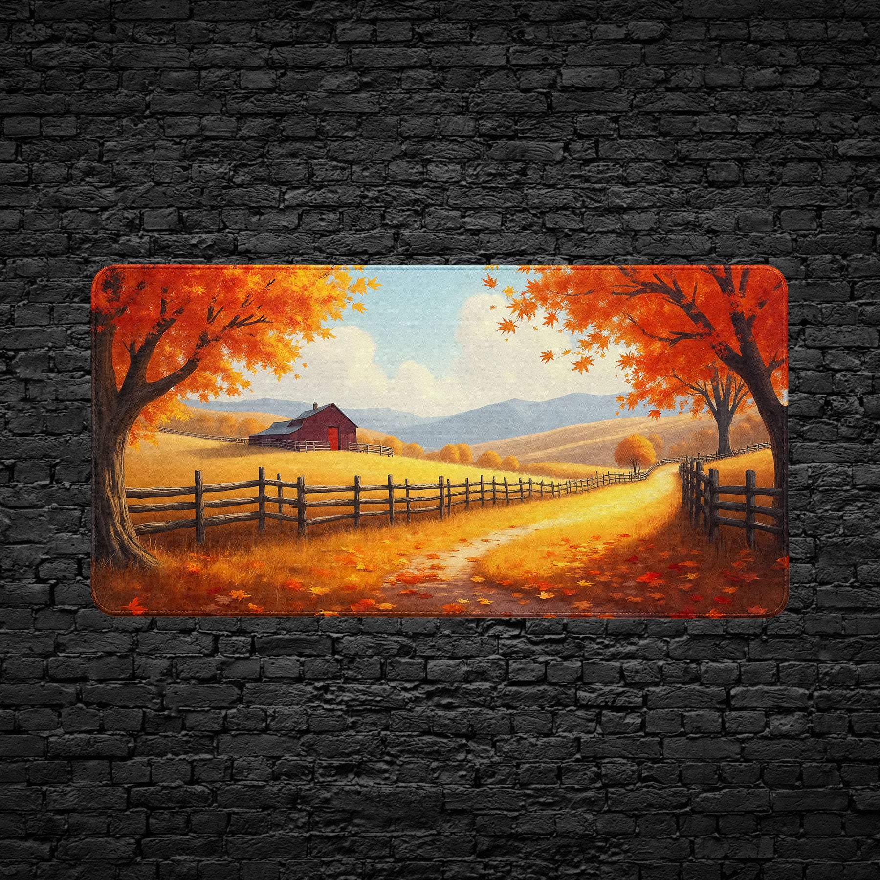 Countryside desk pad with fall leaves and rustic path design.