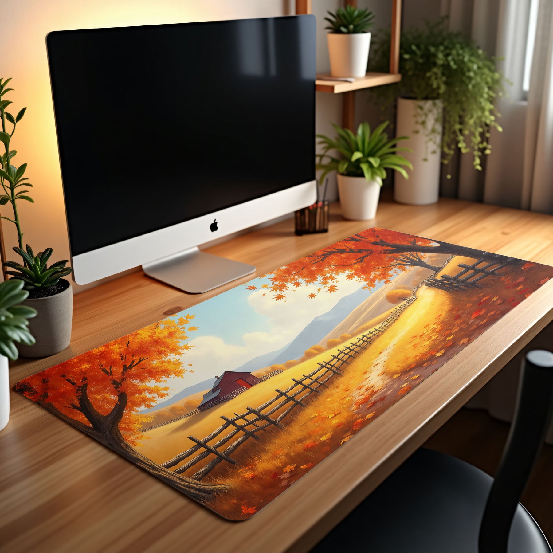 Desk setup with a computer monitor and a scenic mouse pad featuring a autumn landscape.