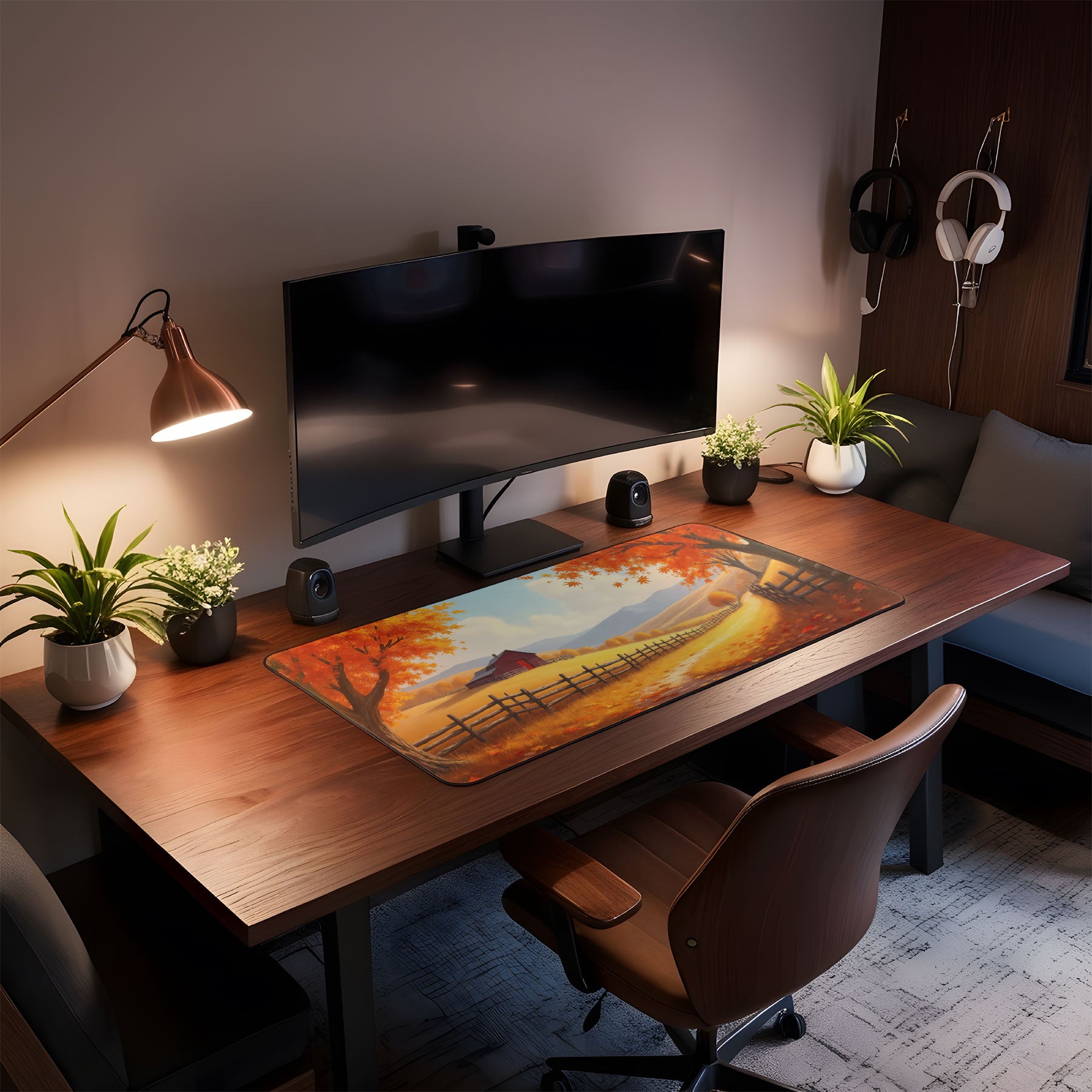 Wooden desk with computer setup, decorative items, and a cozy room ambiance.