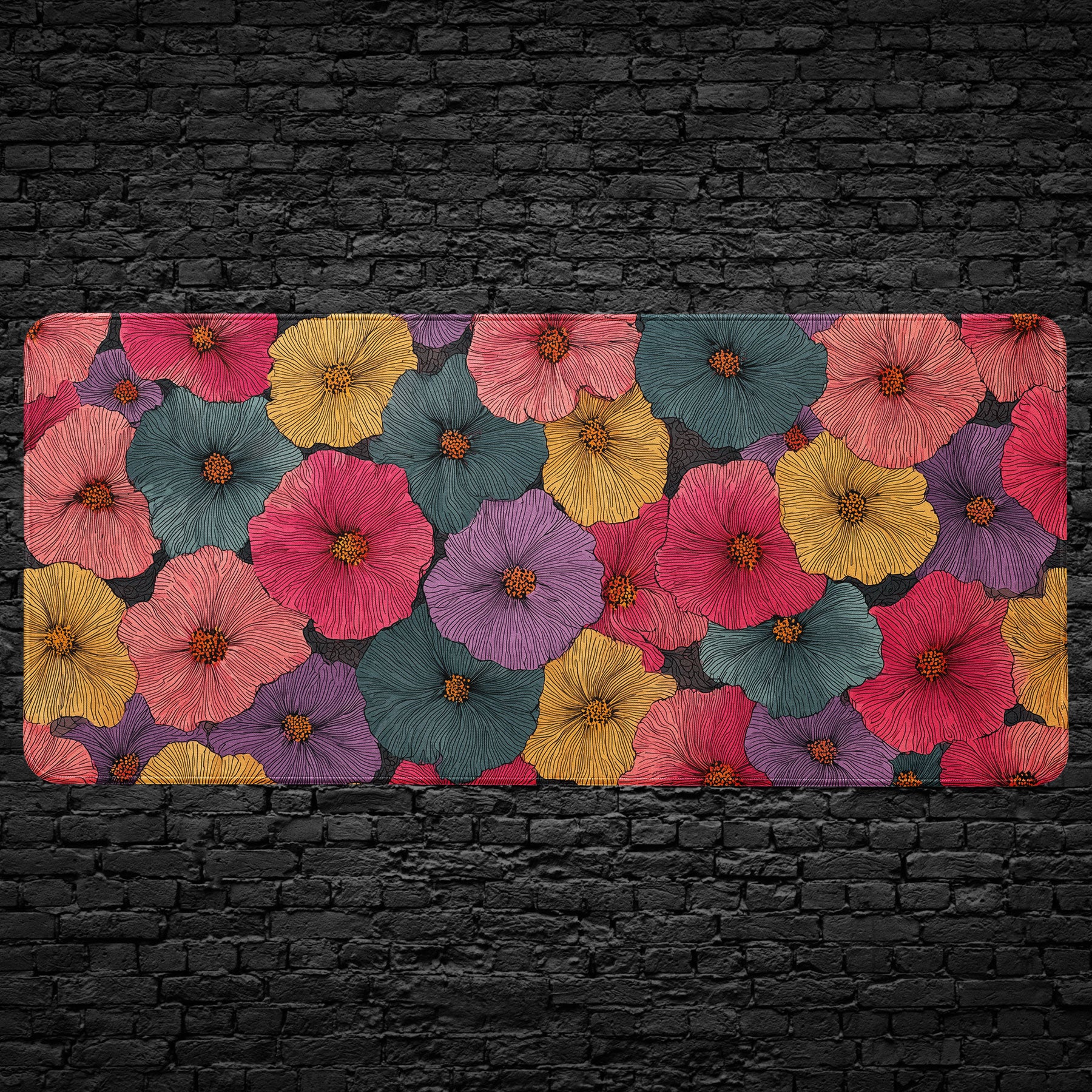 Colorful floral desk mat with hibiscus-inspired pink, yellow, and teal flowers.