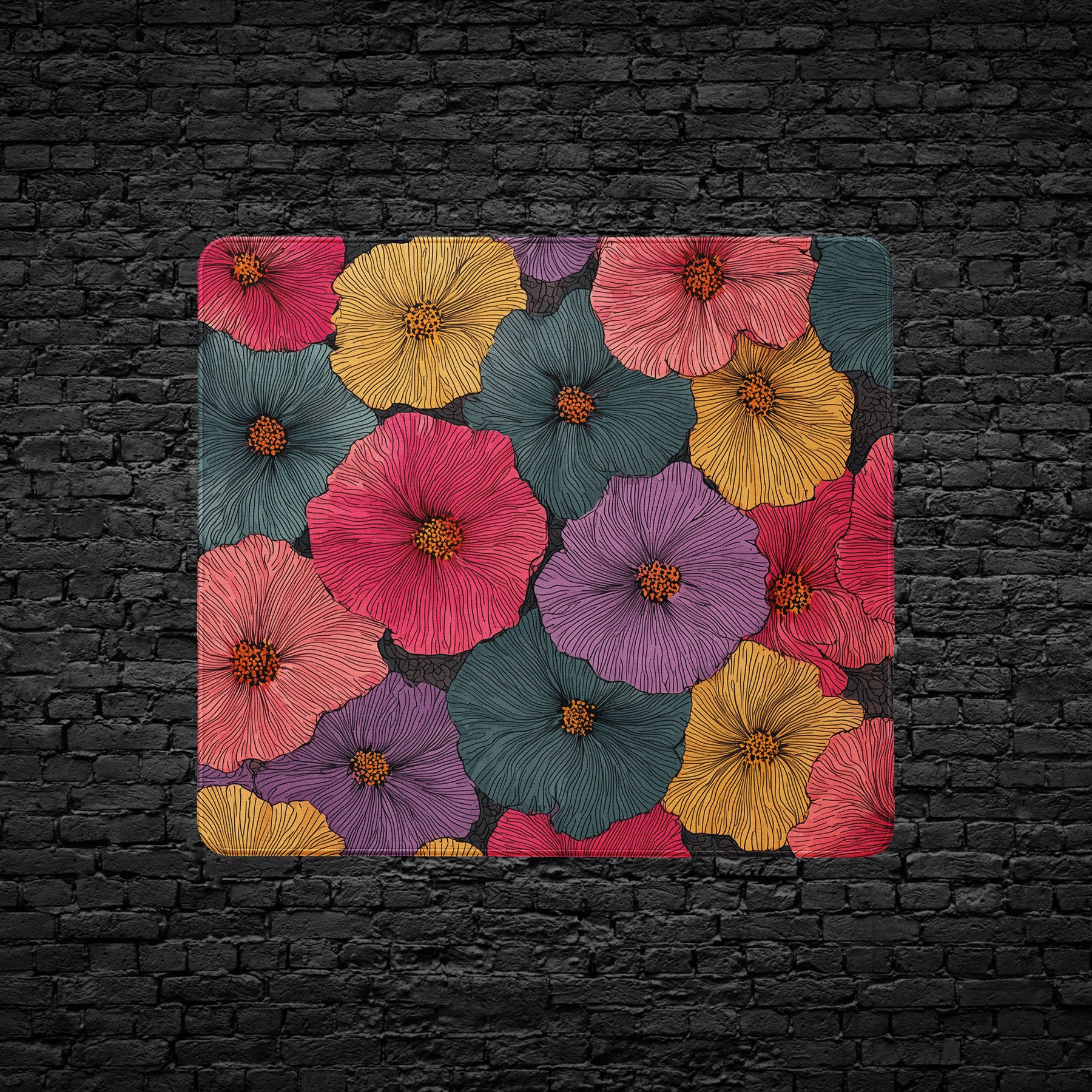 Extended floral desk mat with bold multicolor hibiscus-style design.