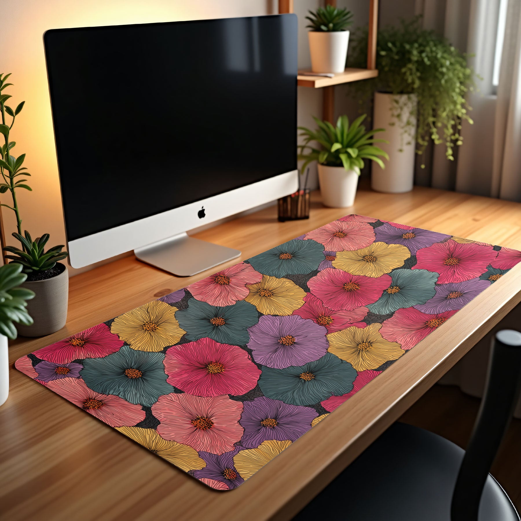 Floral patterned desk mat on a wooden desk with a computer monitor.
