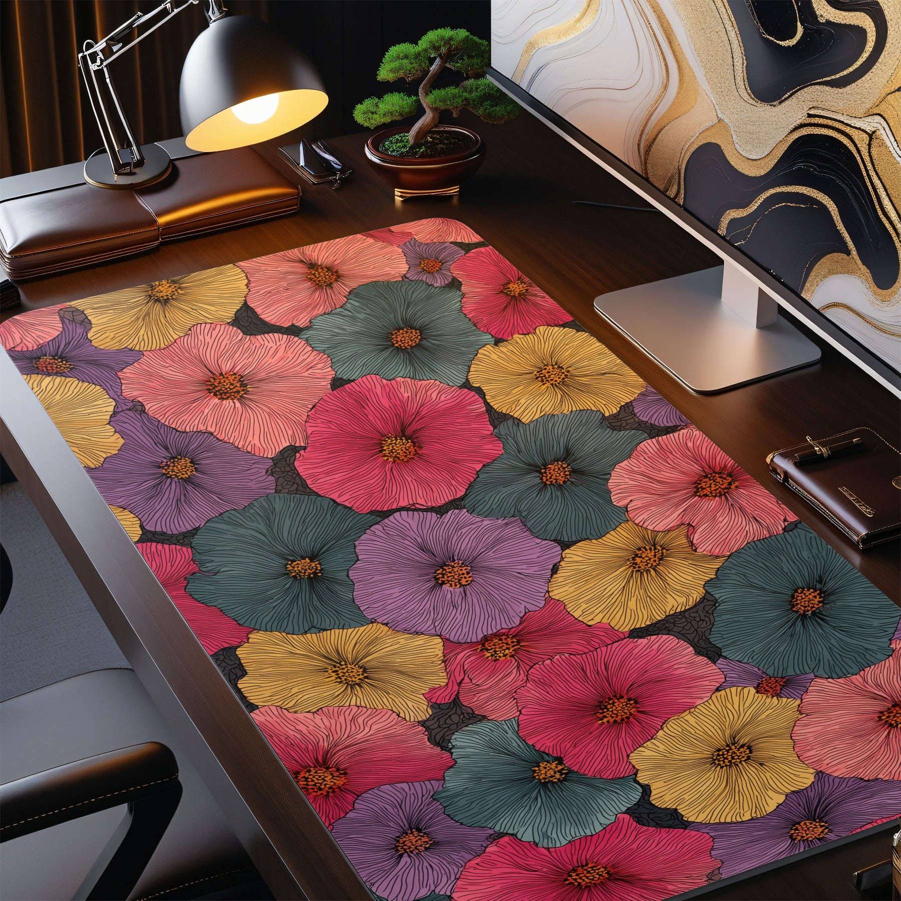 Vibrant flower pattern desk pad for office, gaming, or creative workspaces.