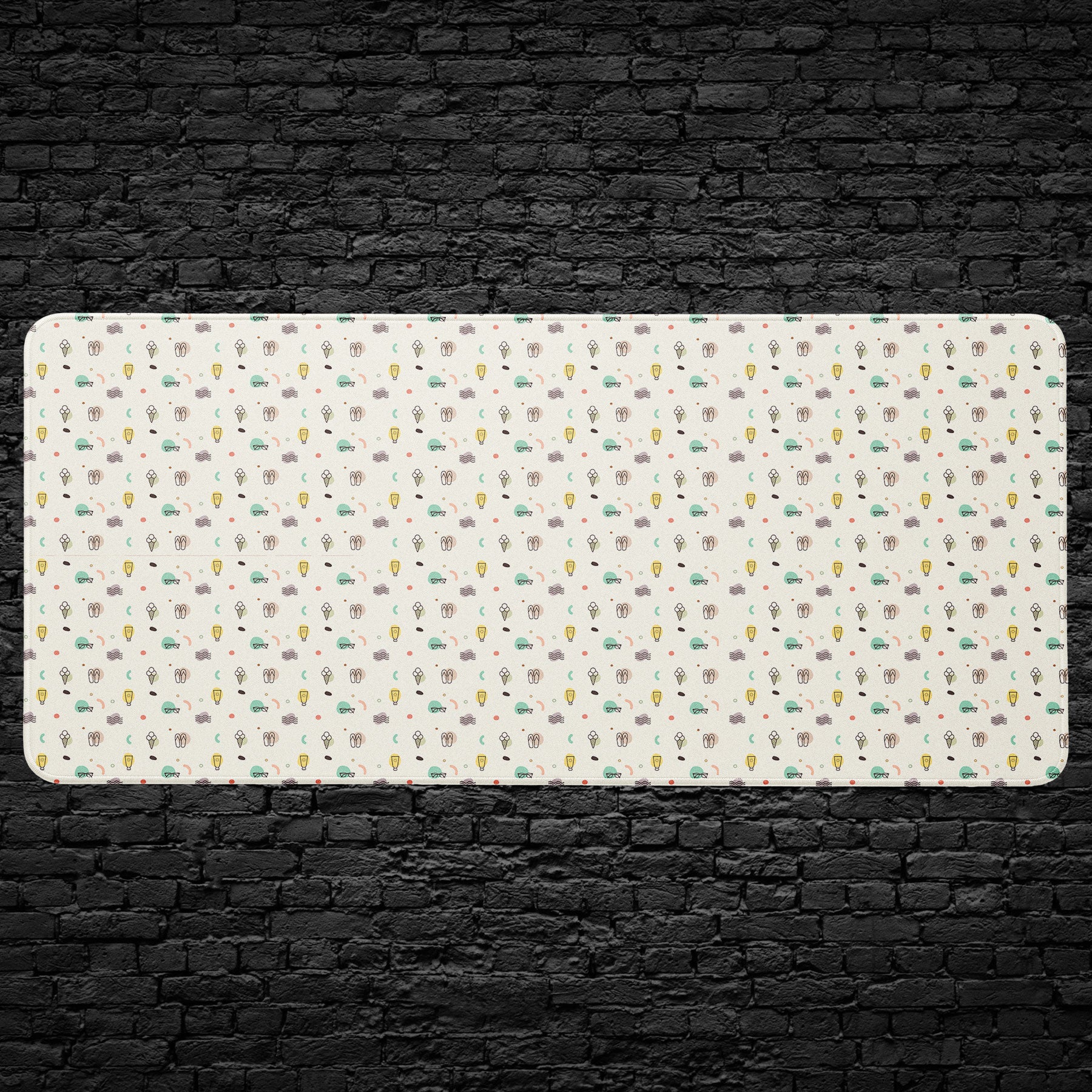 Summer doodle desk mat with flip flops, ice cream, and sunglasses