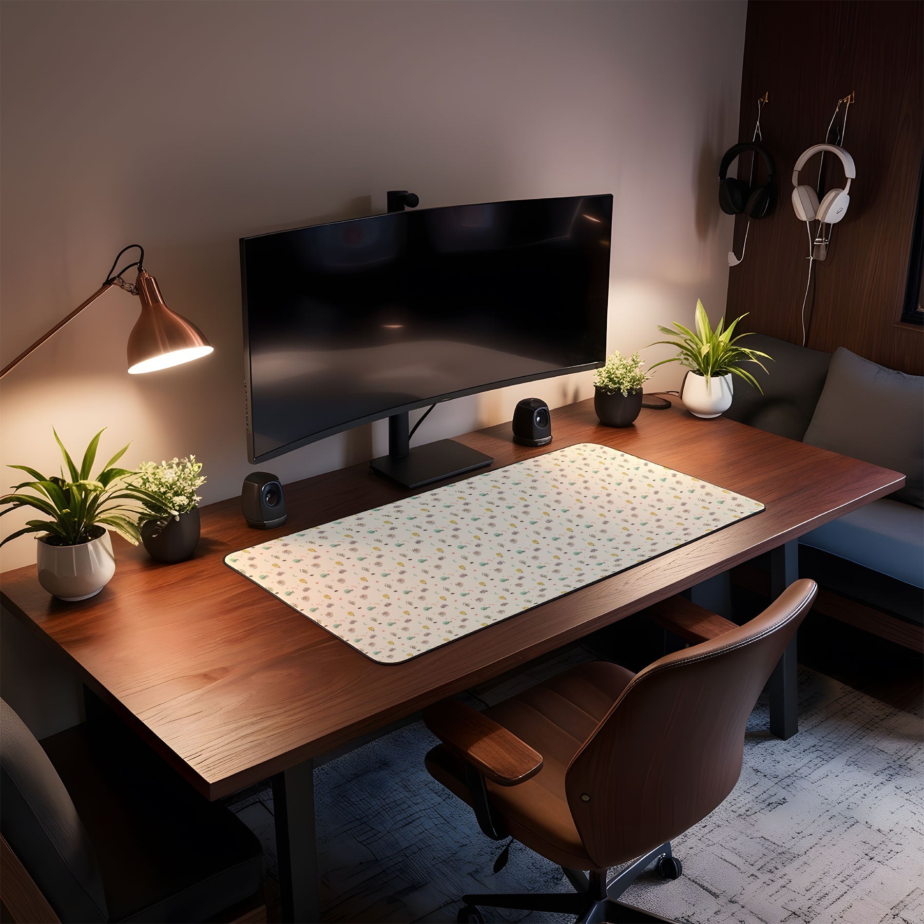 Home office setup with a desk, computer monitor, and decorative elements.