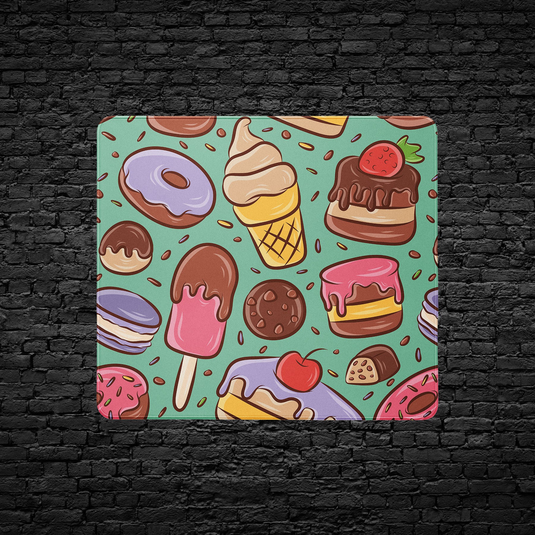 Custom desk mat featuring donuts, cakes, and sweet treats