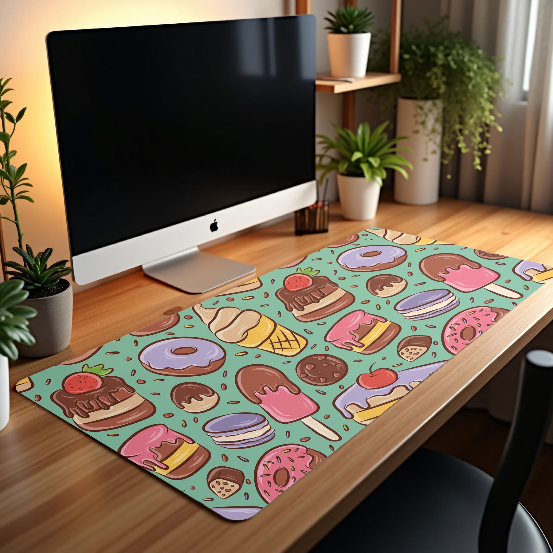 Desk setup with a computer monitor and a colorful desk mat featuring dessert illustrations.