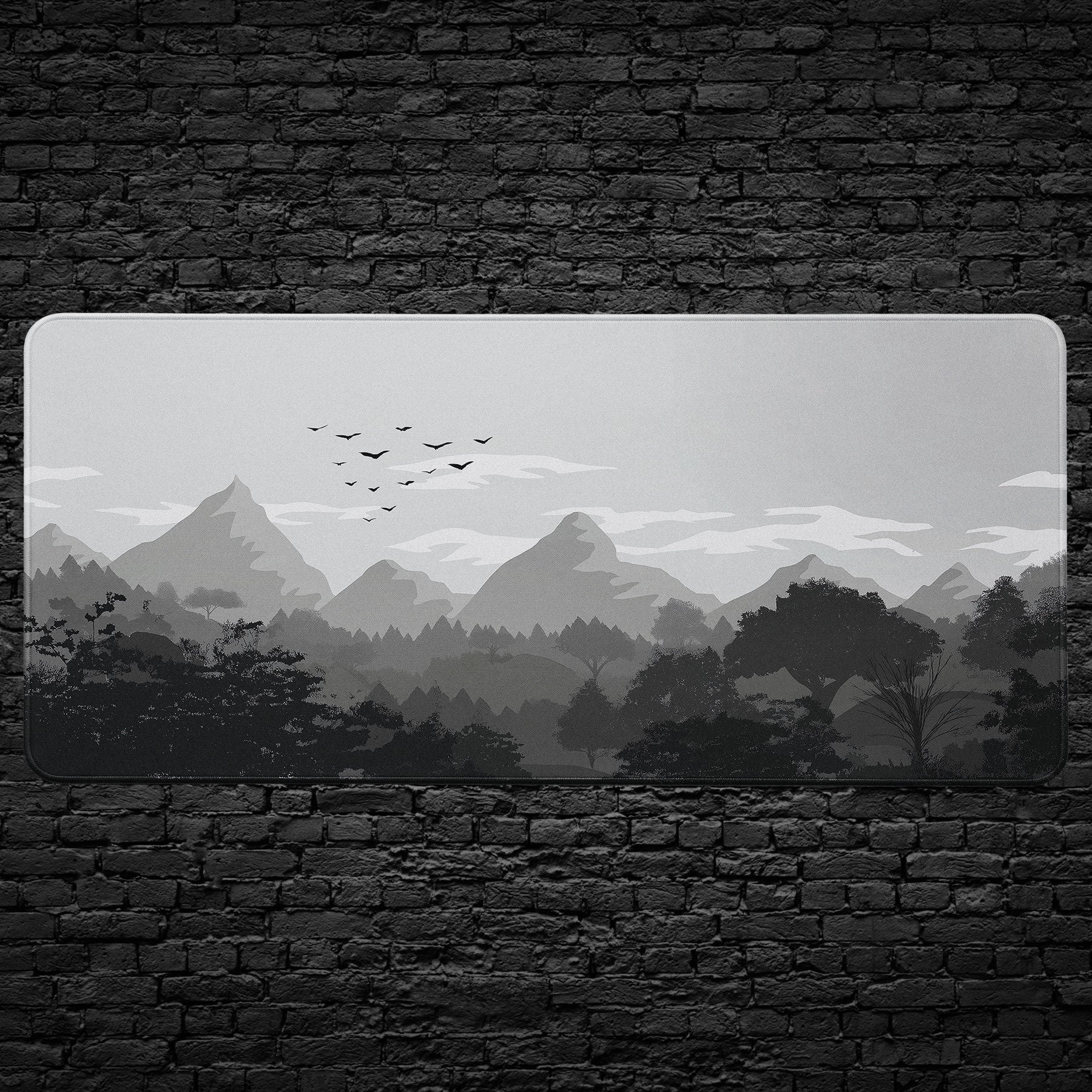 Black and white mountain landscape custom desk mat design.