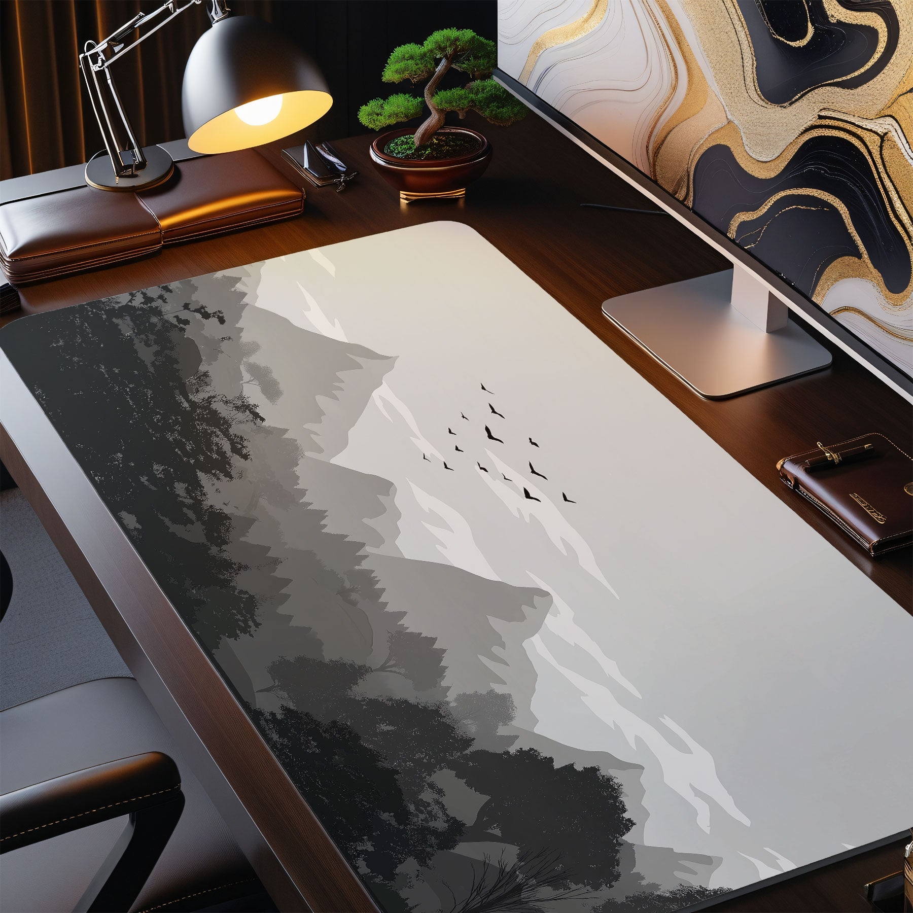 Minimalist nature desk mat with mountains, forests, and birds.
