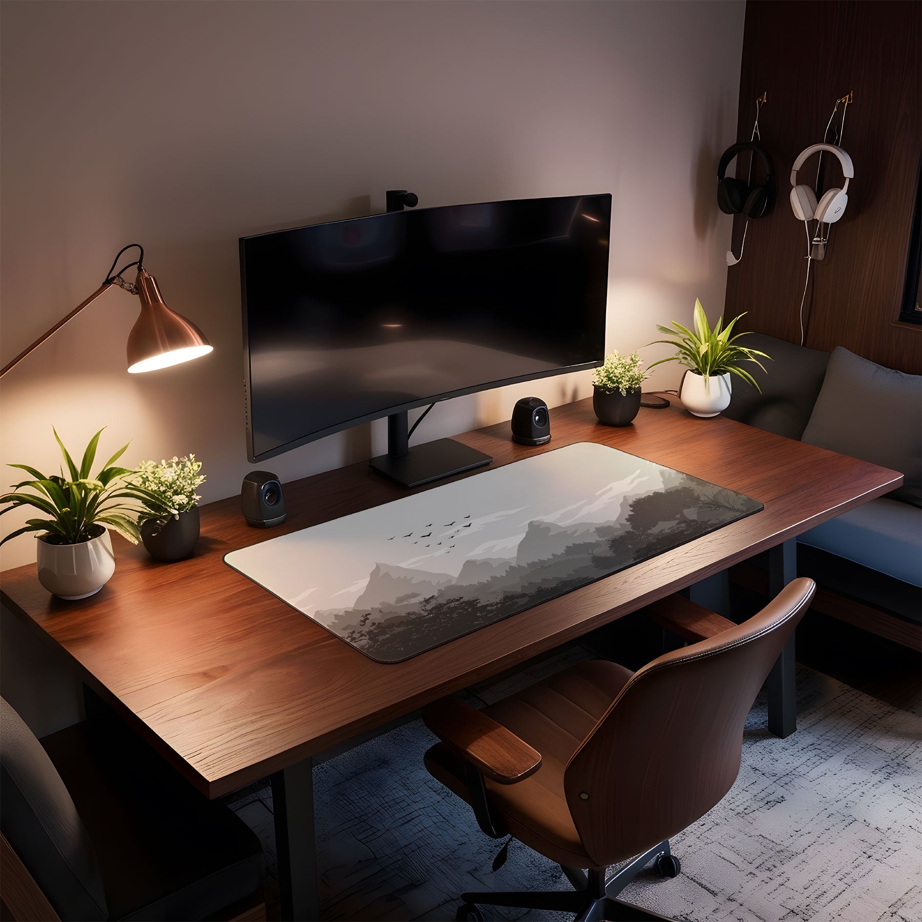Modern home office setup with a desk, computer monitor, and decorative elements.