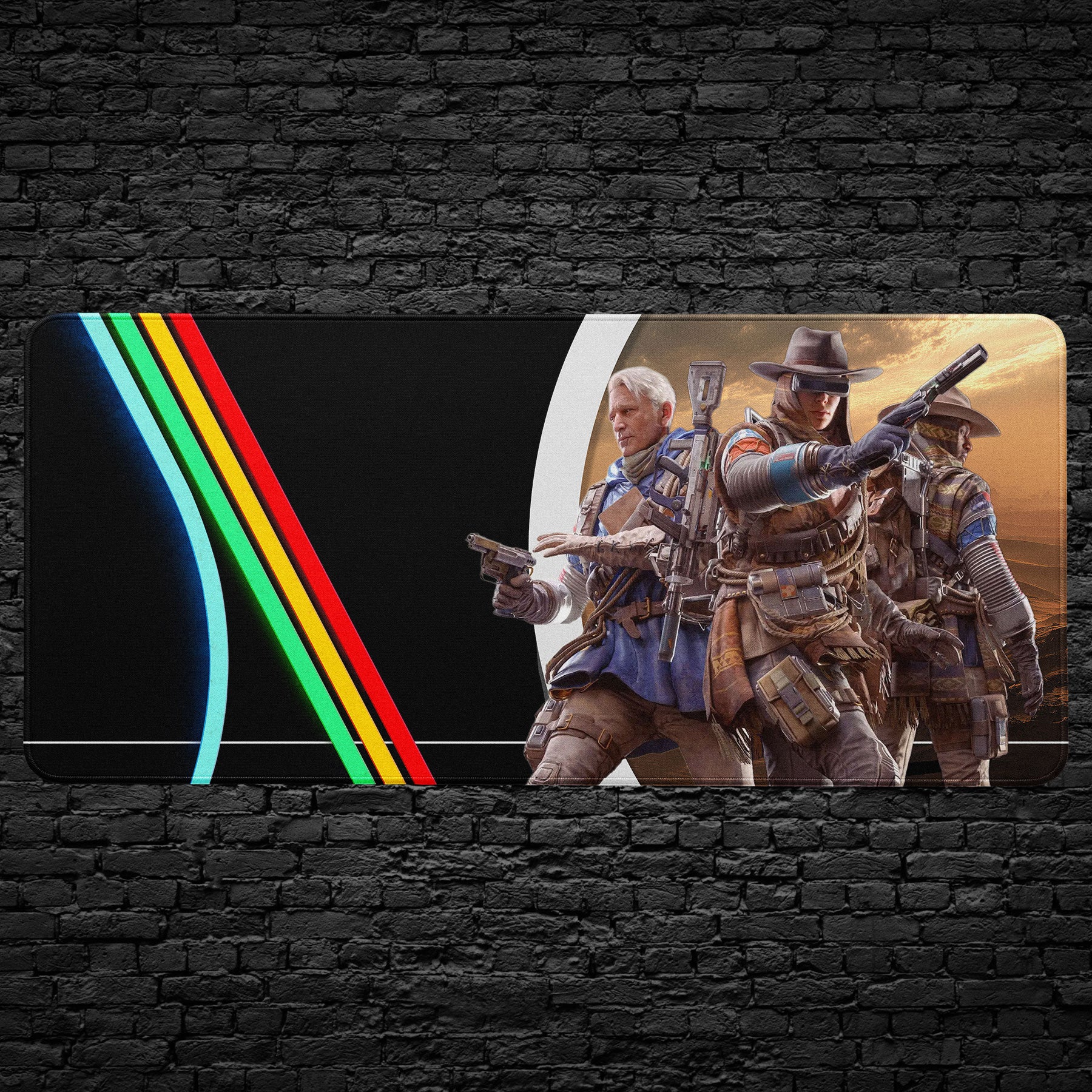 ARC raider characters on retro sci-fi gaming desk mat with neon stripes