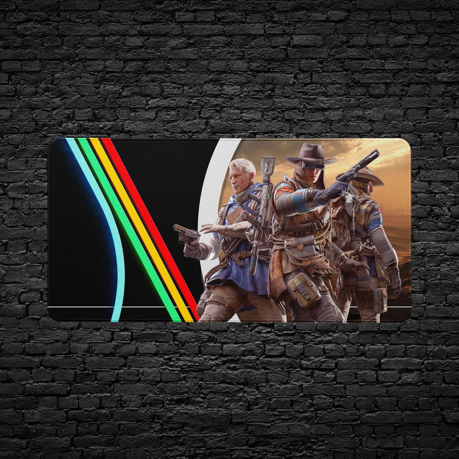 Futuristic outlaw trio standing in desert setting on wide gaming mouse pad