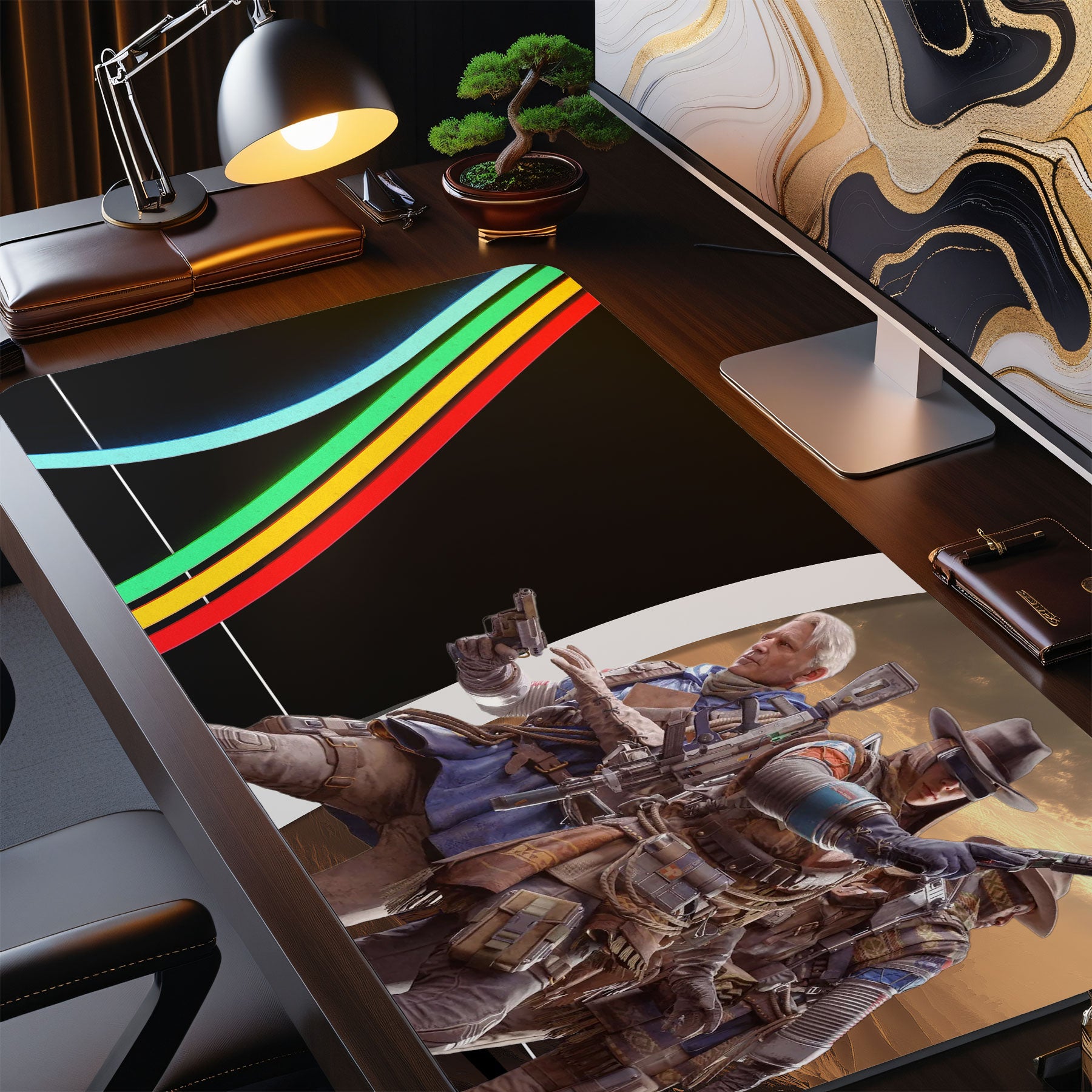 ARC RAIDER  sci-fi desk mat with retro color accents and futuristic battle characters