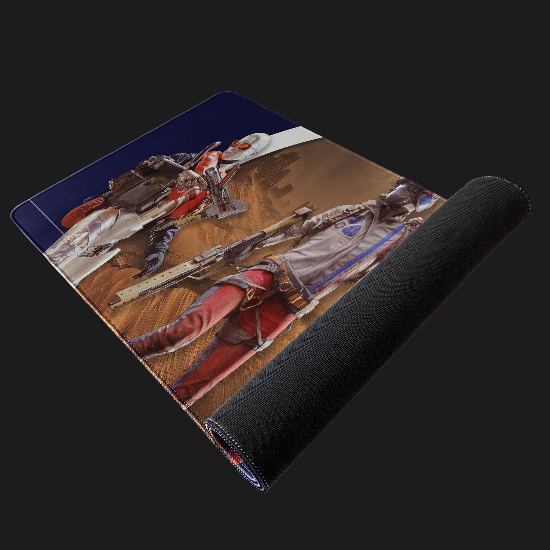 Mouse pad with artistic depiction of a character and weapon on a dark background