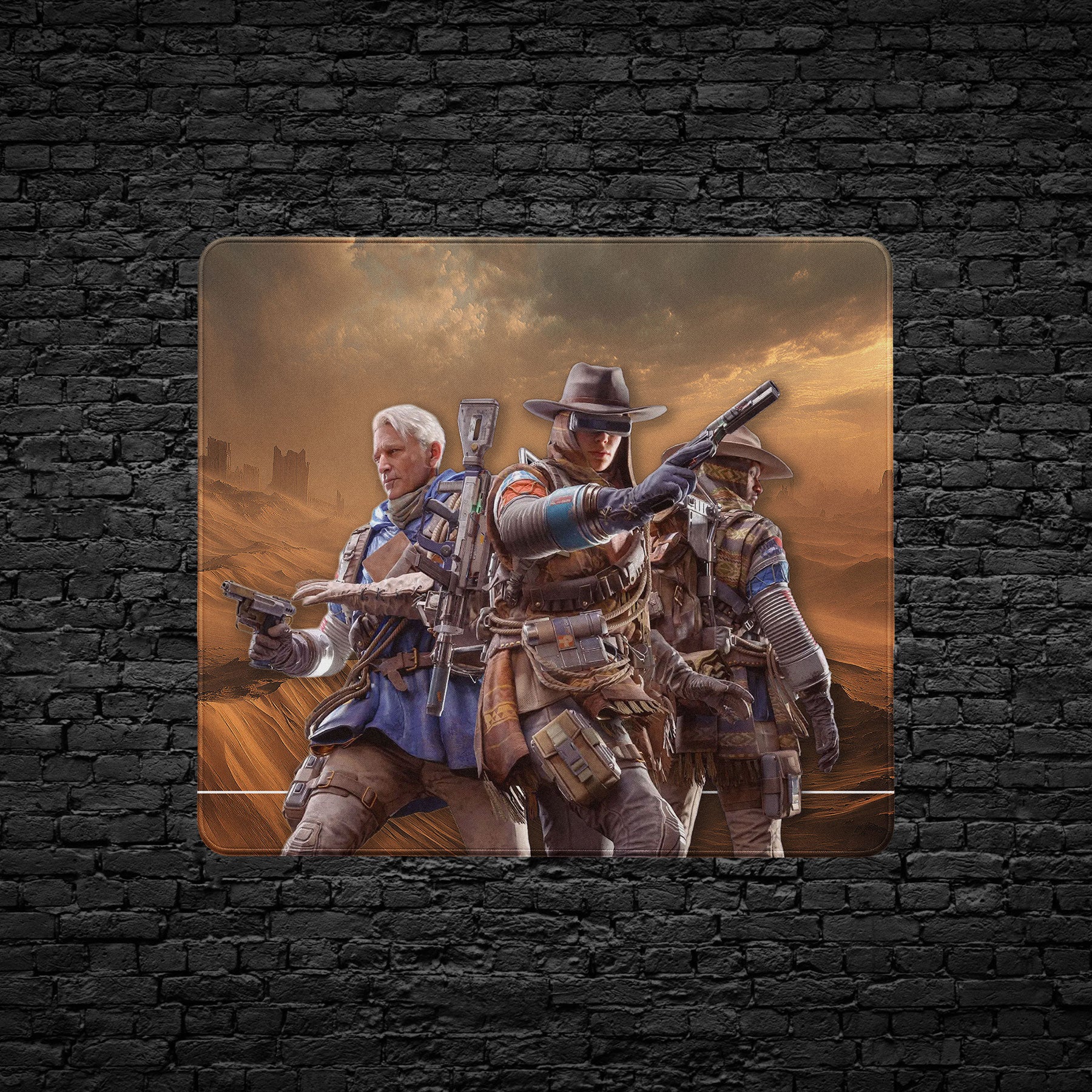 ARC Raiders - Three cowboys in a desert setting on a mouse pad against a brick wall background