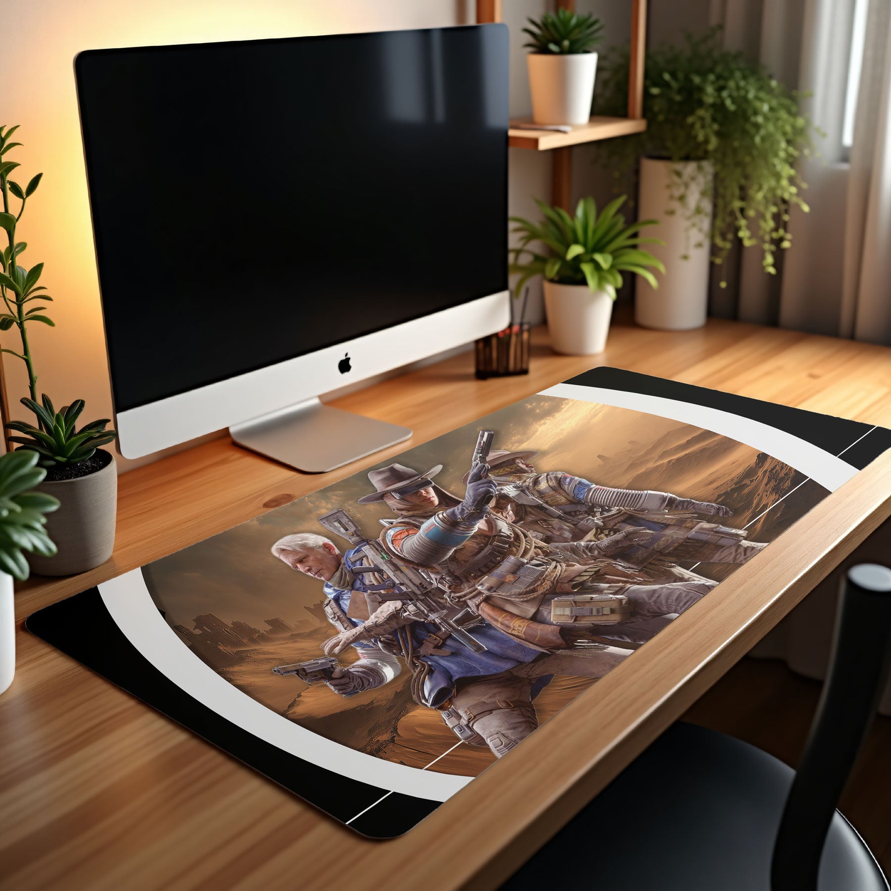 Wooden desk with a computer monitor and a large mouse pad featuring a character design.